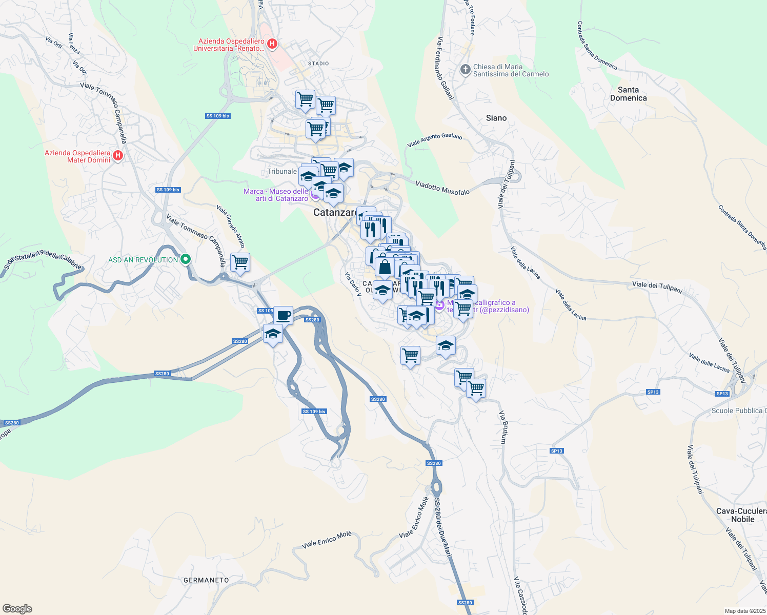 map of restaurants, bars, coffee shops, grocery stores, and more near 26-68 Via XX Settembre in Catanzaro