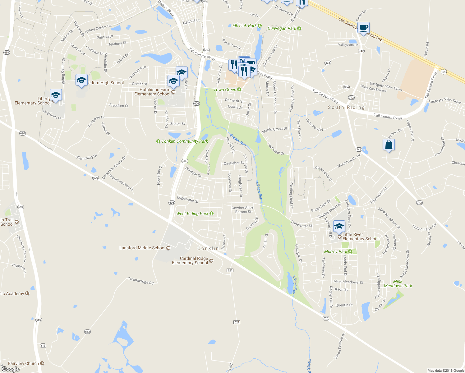 map of restaurants, bars, coffee shops, grocery stores, and more near 25809 Mews Terrace in South Riding