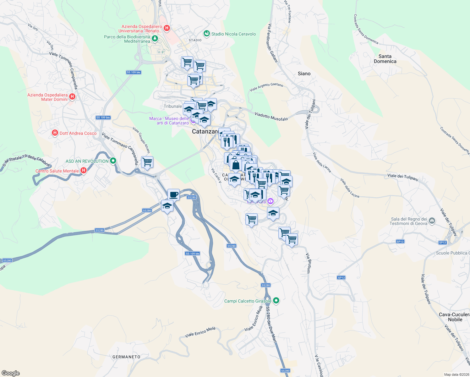 map of restaurants, bars, coffee shops, grocery stores, and more near 26-68 Via XX Settembre in Catanzaro