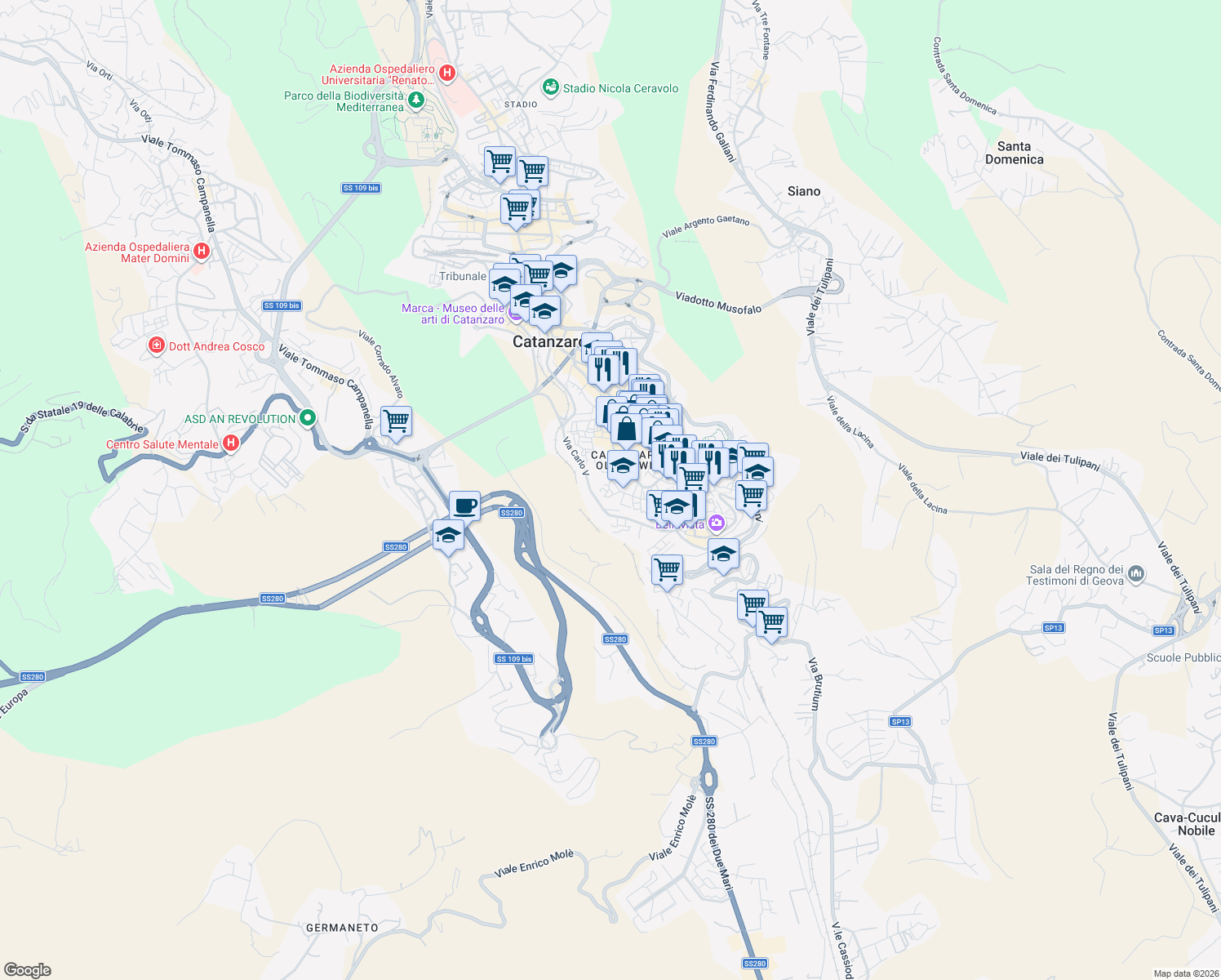 map of restaurants, bars, coffee shops, grocery stores, and more near 26-68 Via XX Settembre in Catanzaro