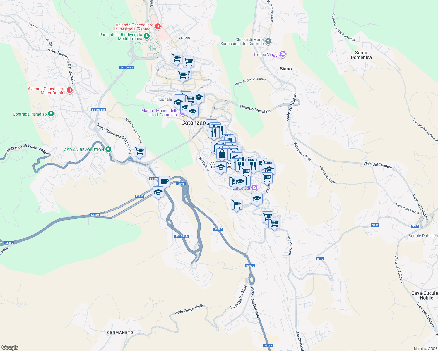 map of restaurants, bars, coffee shops, grocery stores, and more near 26-68 Via XX Settembre in Catanzaro