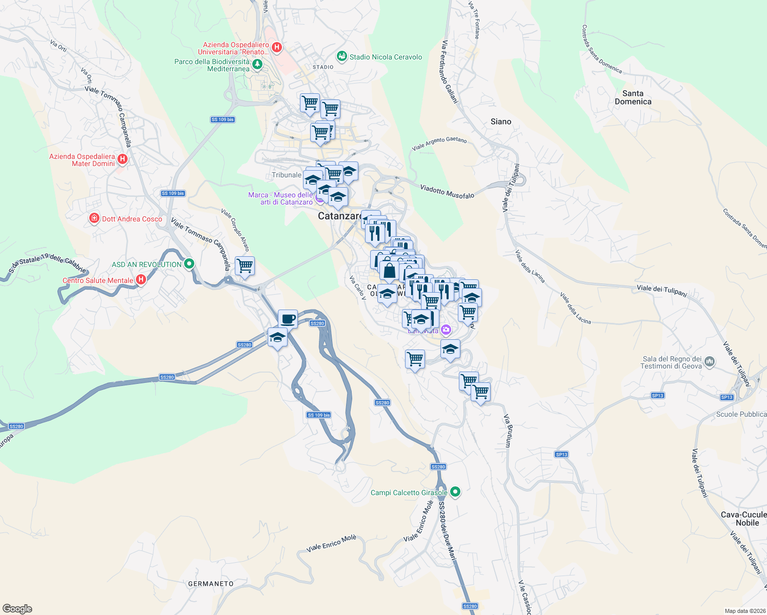 map of restaurants, bars, coffee shops, grocery stores, and more near 26-68 Via XX Settembre in Catanzaro