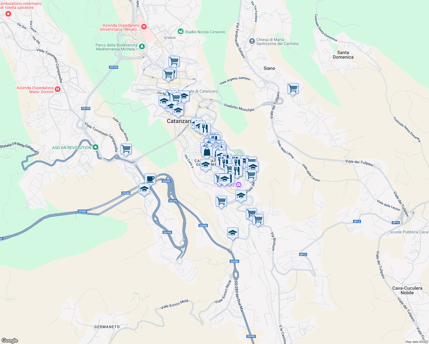 map of restaurants, bars, coffee shops, grocery stores, and more near 53 Via XX Settembre in Catanzaro