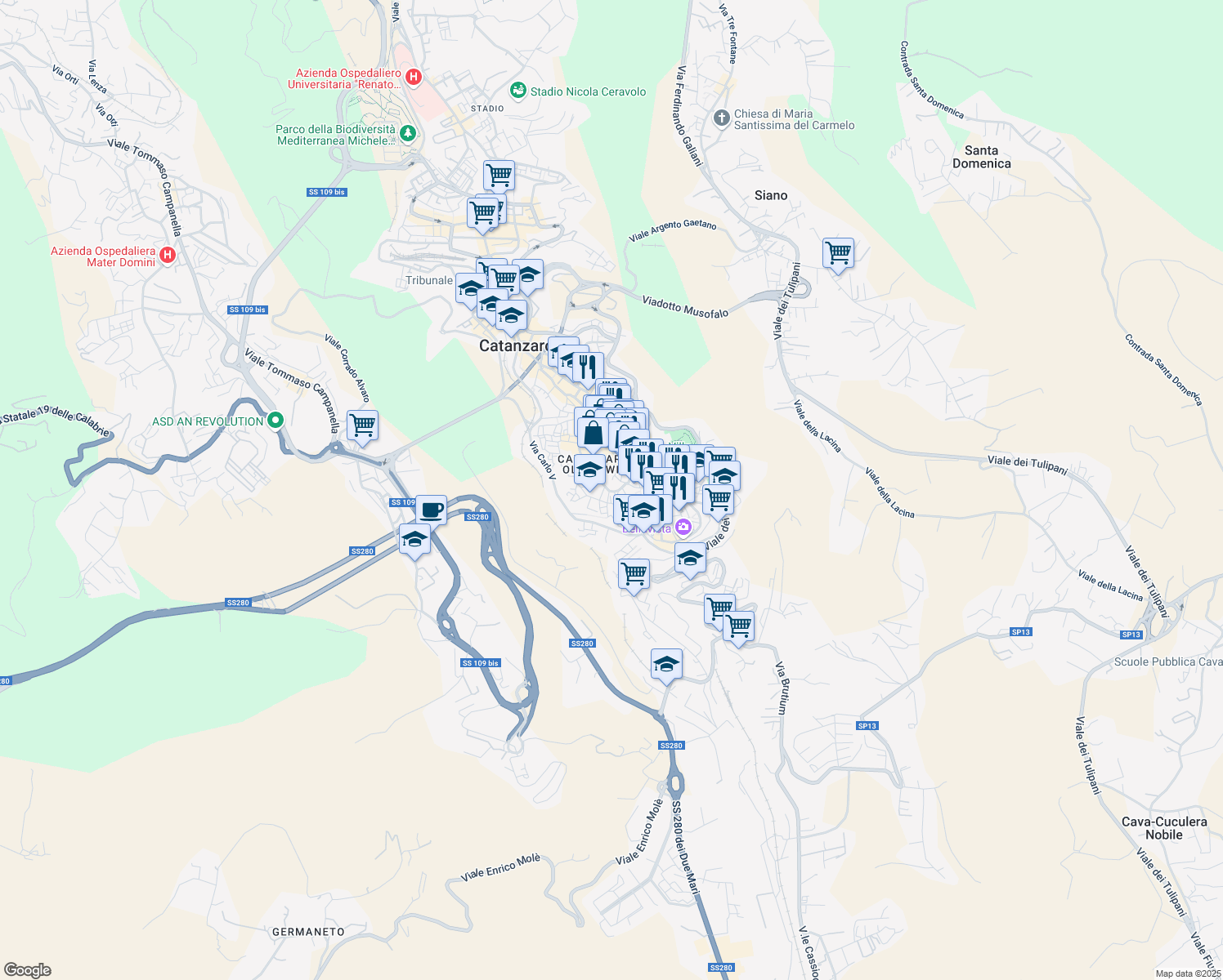 map of restaurants, bars, coffee shops, grocery stores, and more near 53-59 Via XX Settembre in Catanzaro