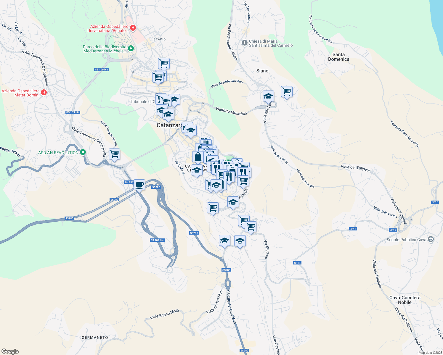 map of restaurants, bars, coffee shops, grocery stores, and more near 206 Corso G. Mazzini in Catanzaro
