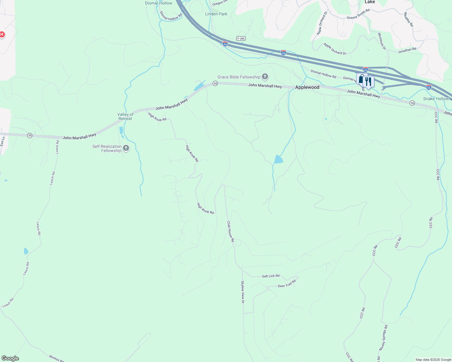 map of restaurants, bars, coffee shops, grocery stores, and more near 31 Pocahontas Road in Front Royal