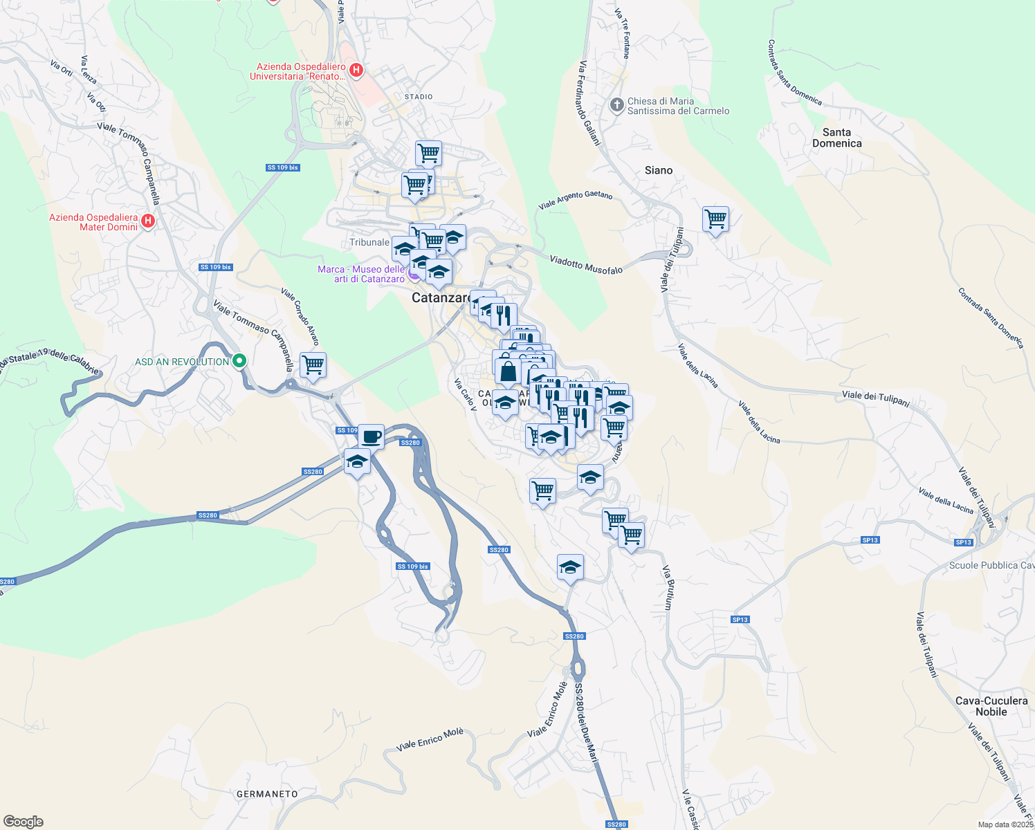 map of restaurants, bars, coffee shops, grocery stores, and more near 53-59 Via XX Settembre in Catanzaro