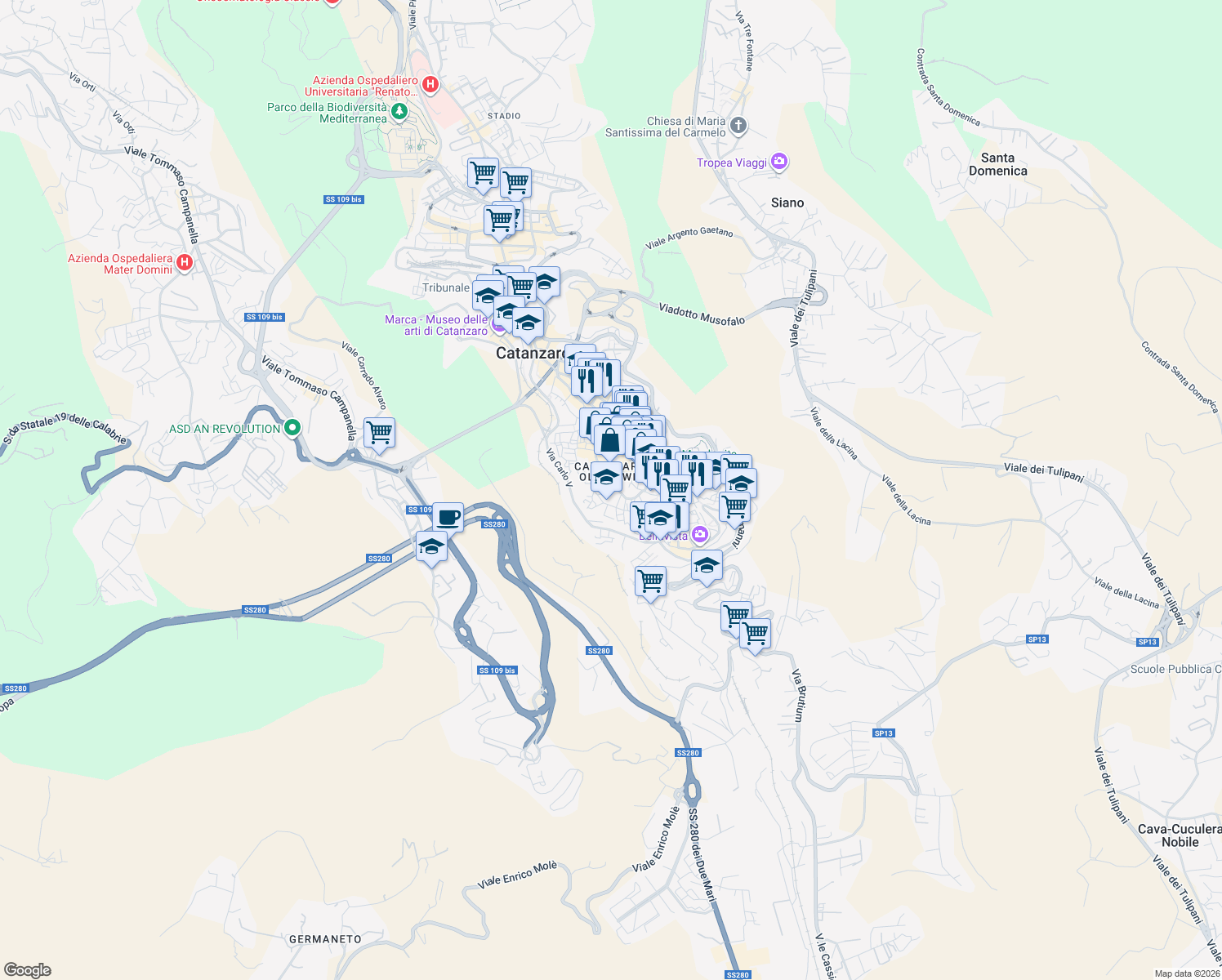 map of restaurants, bars, coffee shops, grocery stores, and more near 26-68 Via XX Settembre in Catanzaro