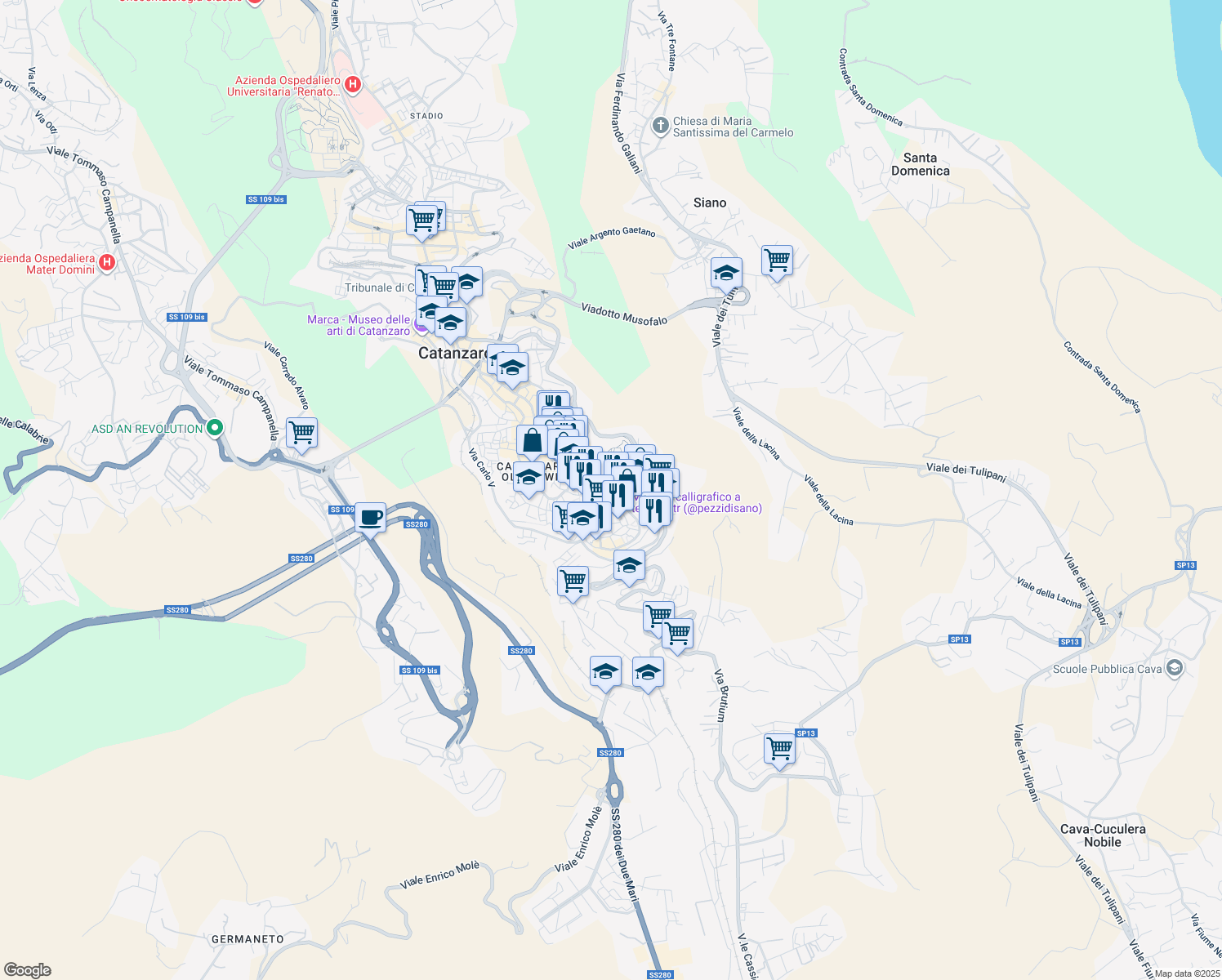 map of restaurants, bars, coffee shops, grocery stores, and more near 30 Rampa Carbonai in Catanzaro