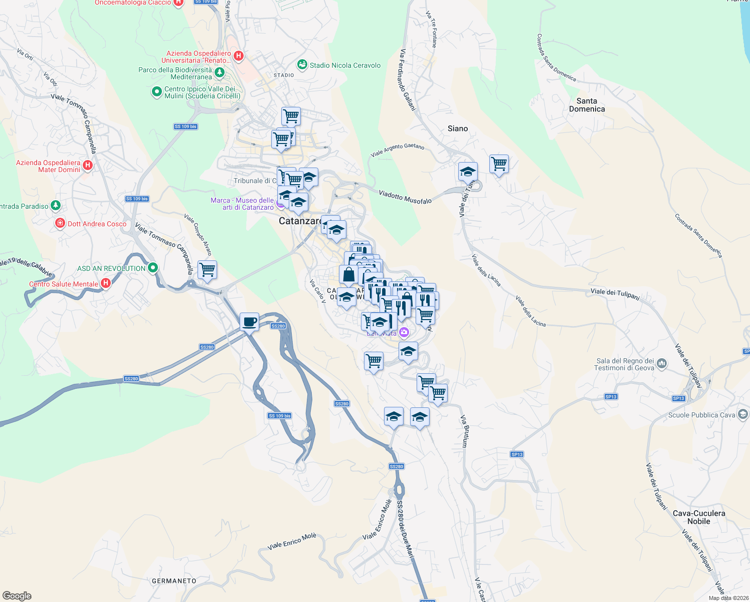 map of restaurants, bars, coffee shops, grocery stores, and more near 206 Corso G. Mazzini in Catanzaro