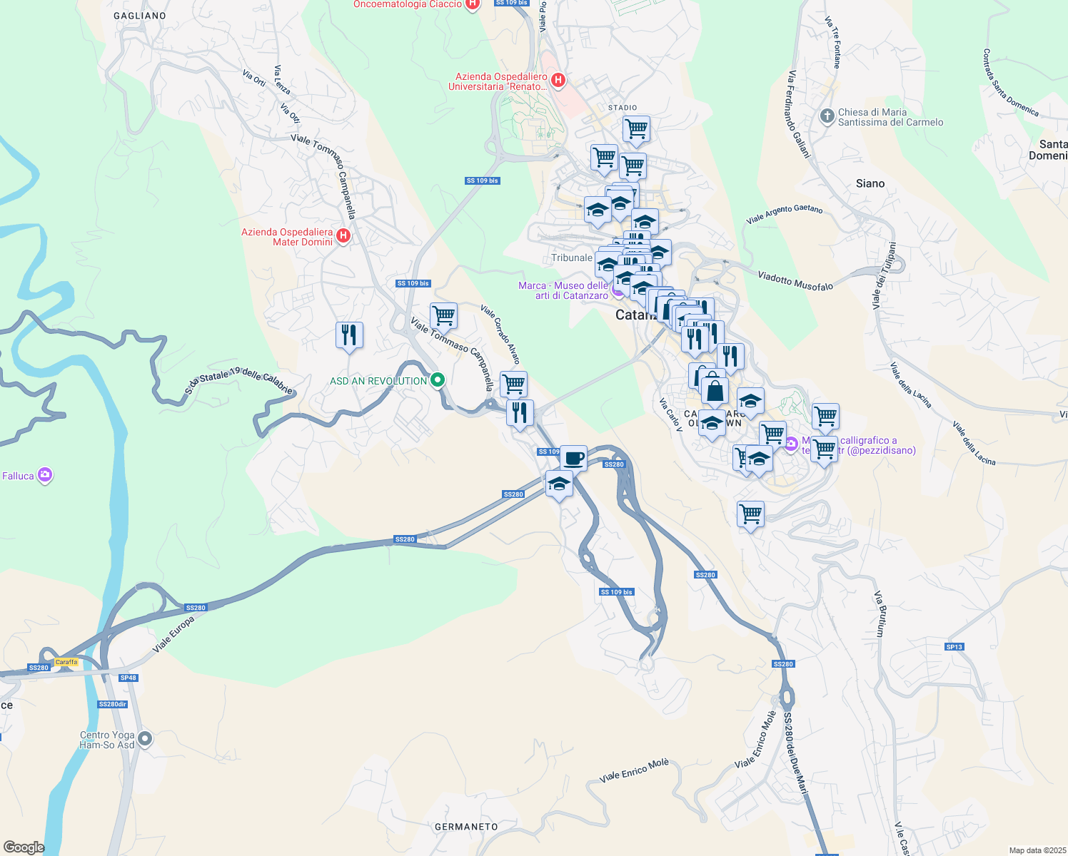 map of restaurants, bars, coffee shops, grocery stores, and more near 44 Via Antonino Scopelliti in Catanzaro