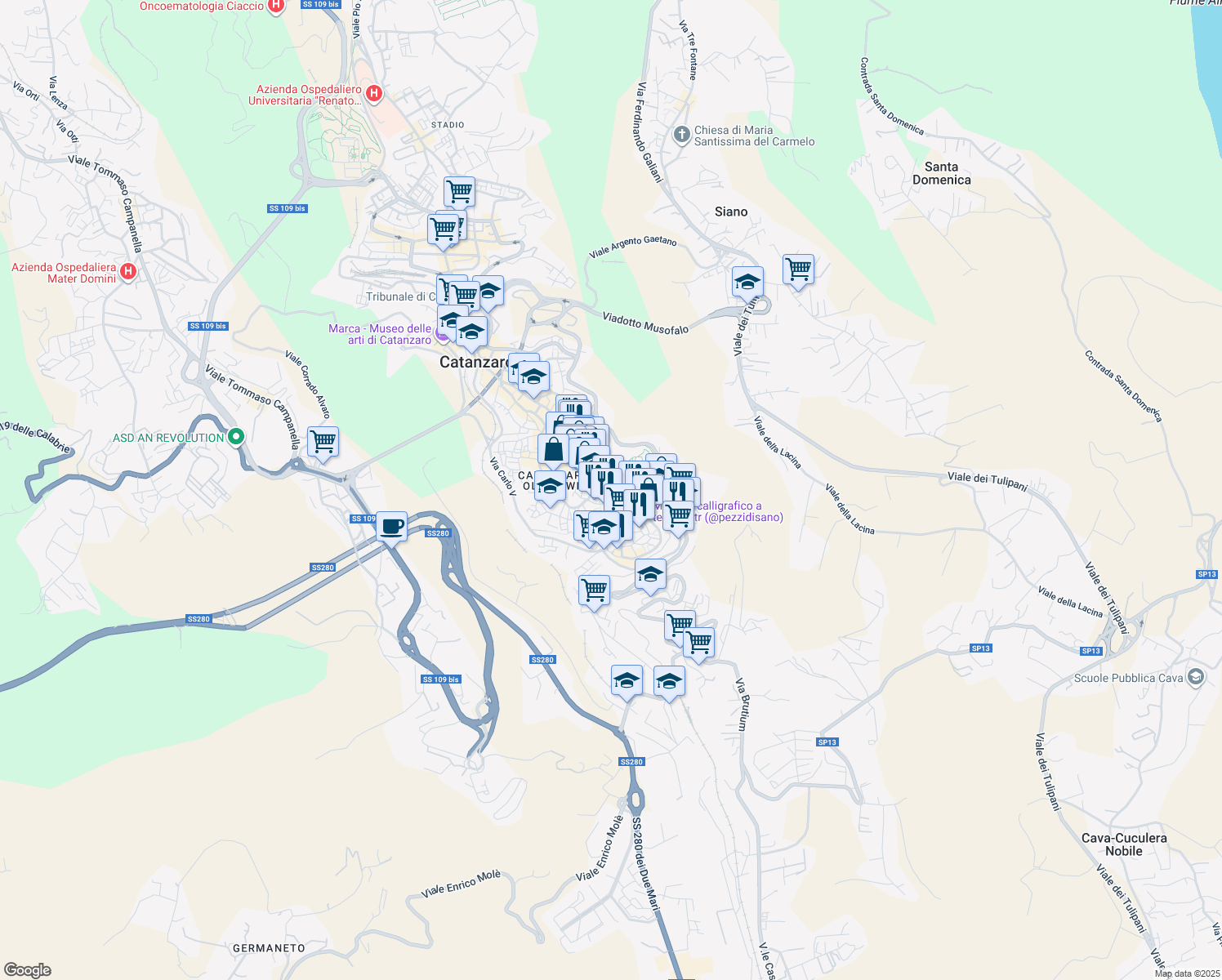 map of restaurants, bars, coffee shops, grocery stores, and more near 206 Corso G. Mazzini in Catanzaro