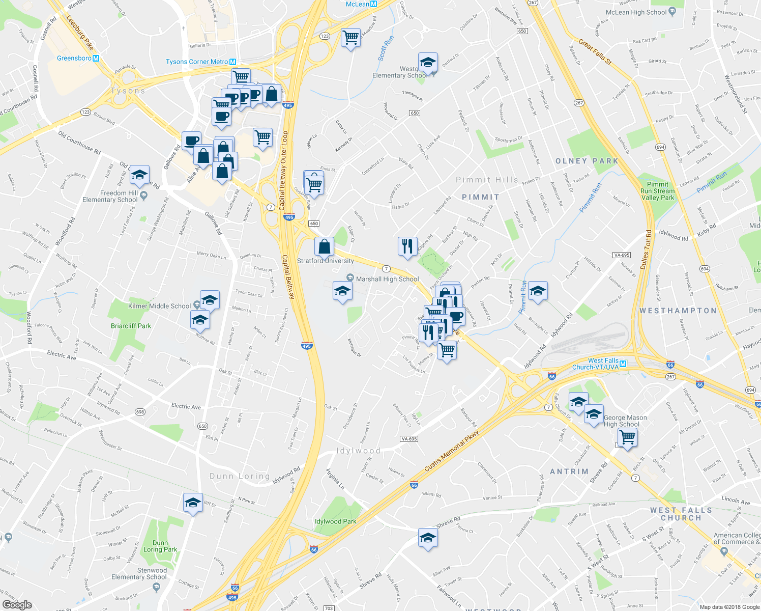 map of restaurants, bars, coffee shops, grocery stores, and more near 7735 Marshall Heights Ct in Falls Church
