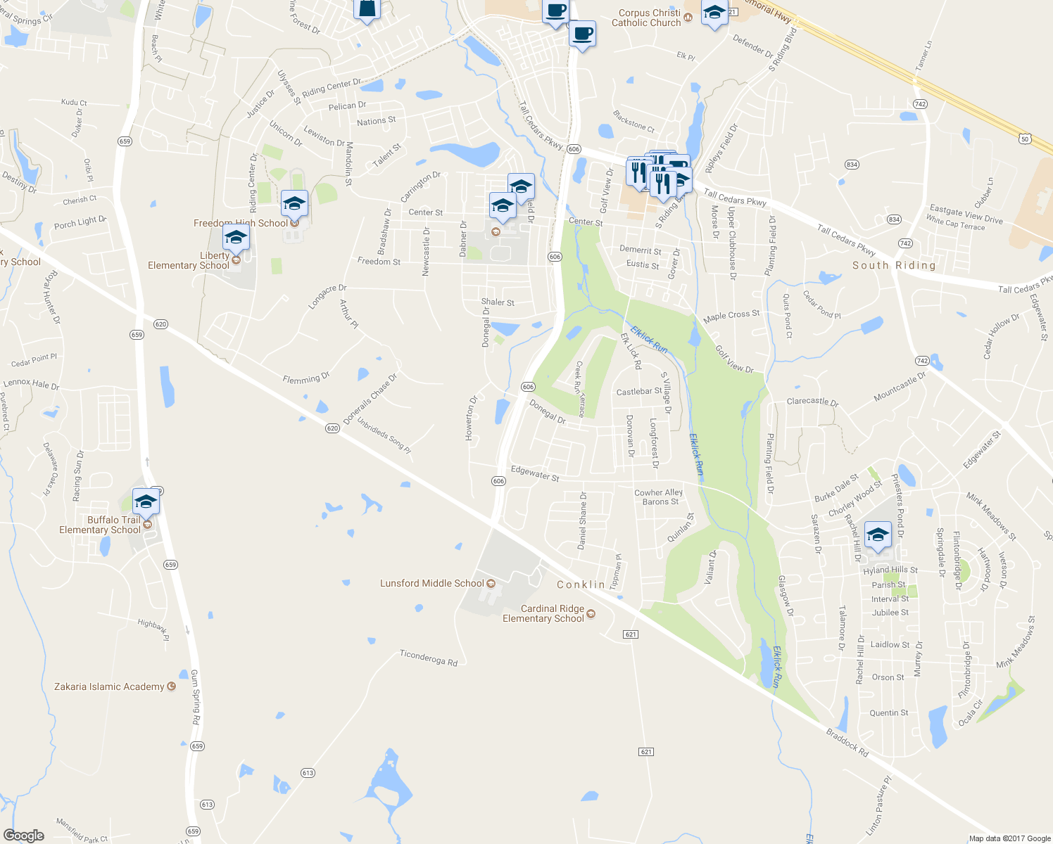 map of restaurants, bars, coffee shops, grocery stores, and more near 25764 Leonard Drive in Chantilly