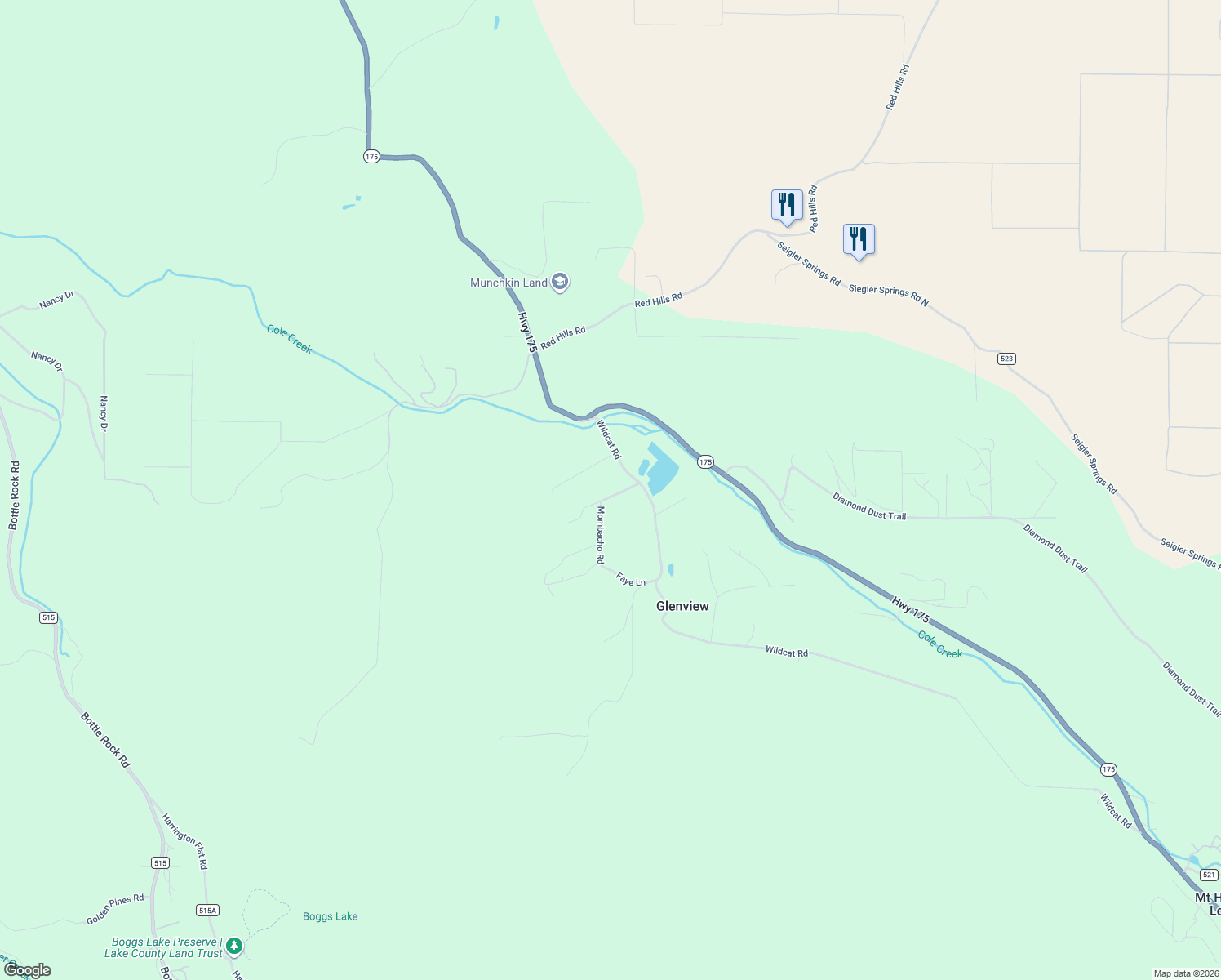 map of restaurants, bars, coffee shops, grocery stores, and more near 9135 Wildcat Road in Kelseyville