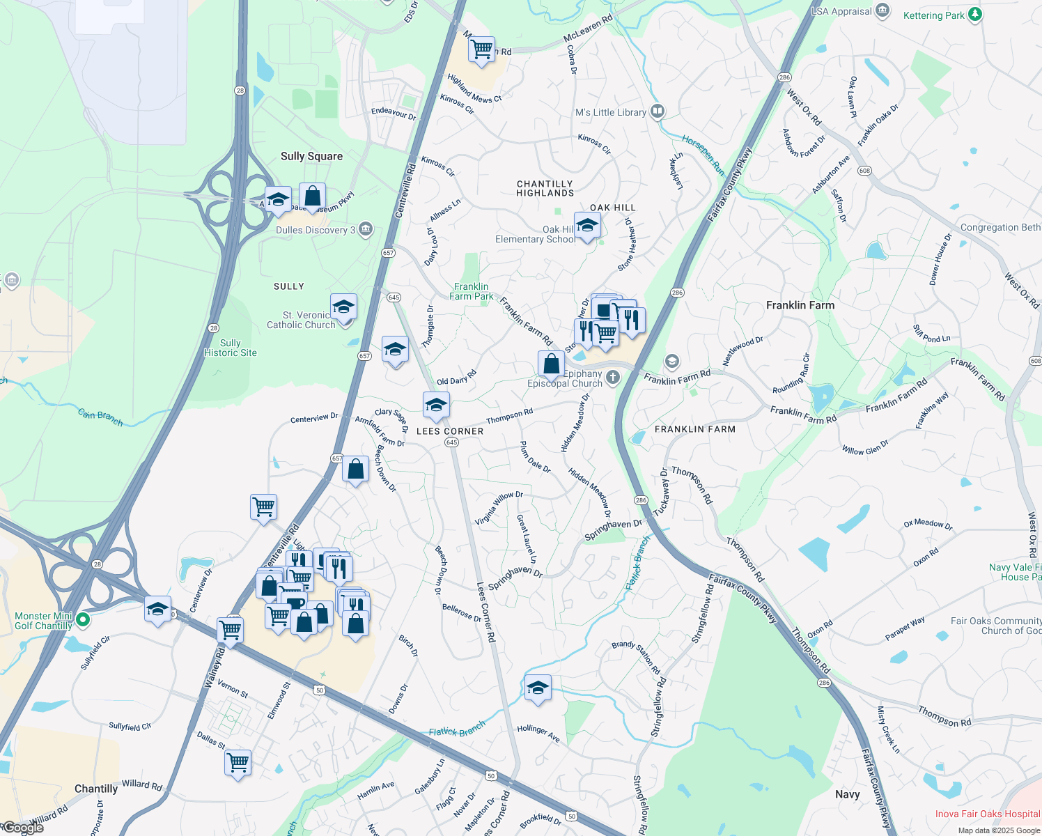 map of restaurants, bars, coffee shops, grocery stores, and more near 3559 Plum Dale Drive in Fairfax