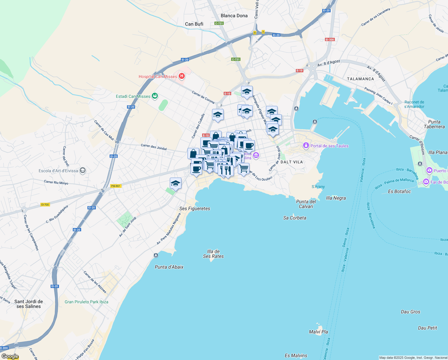 map of restaurants, bars, coffee shops, grocery stores, and more near Passeig ses Pitiüses in Ibiza
