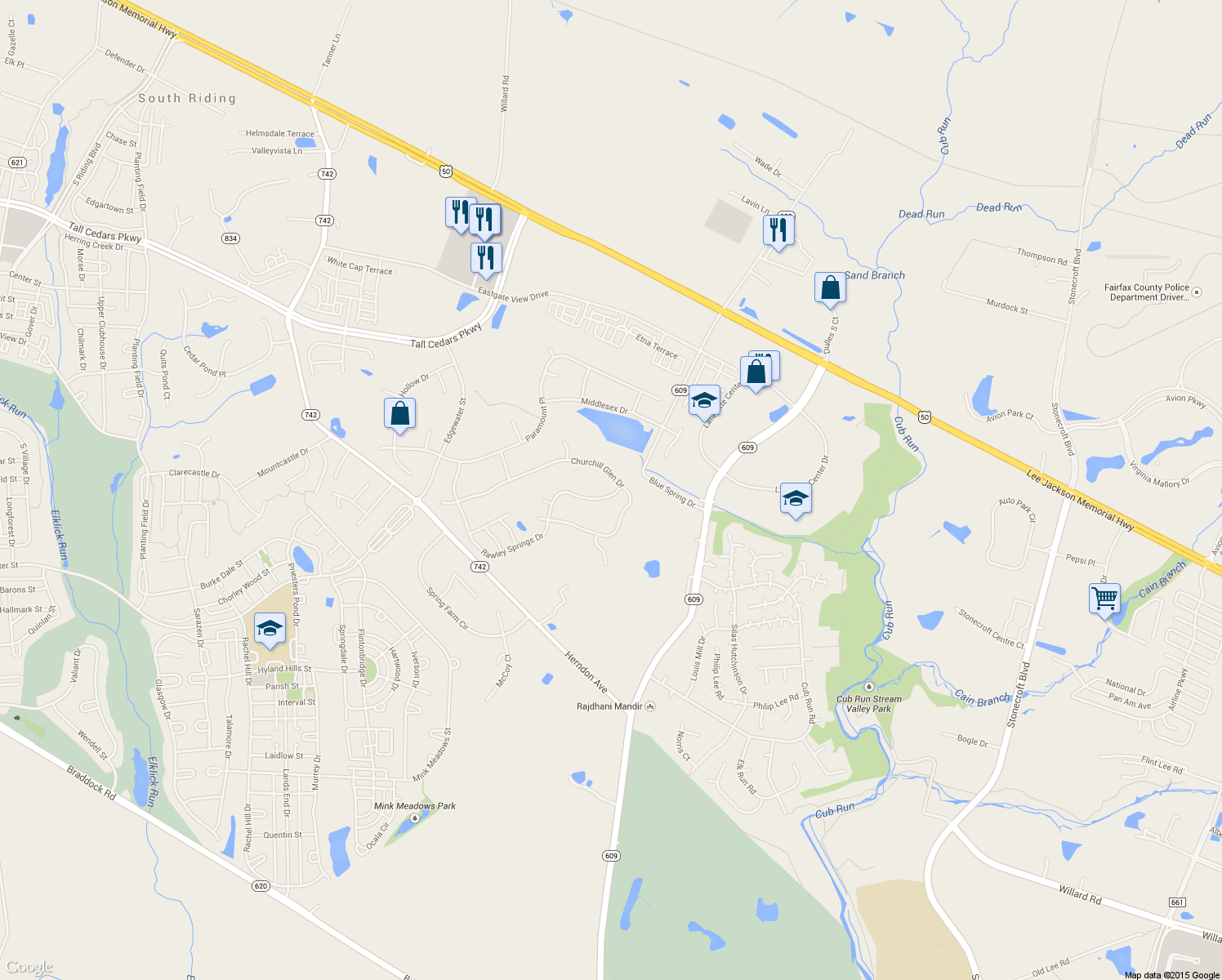 map of restaurants, bars, coffee shops, grocery stores, and more near 25906 Rawley Springs Dr in Chantilly