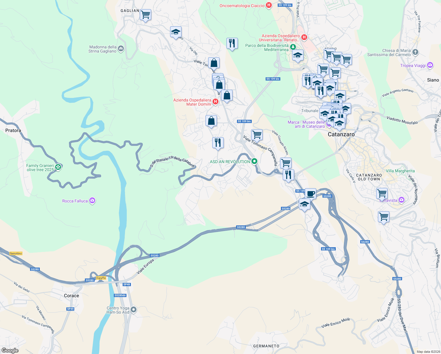 map of restaurants, bars, coffee shops, grocery stores, and more near 14 Via Biagio Miraglia in Catanzaro