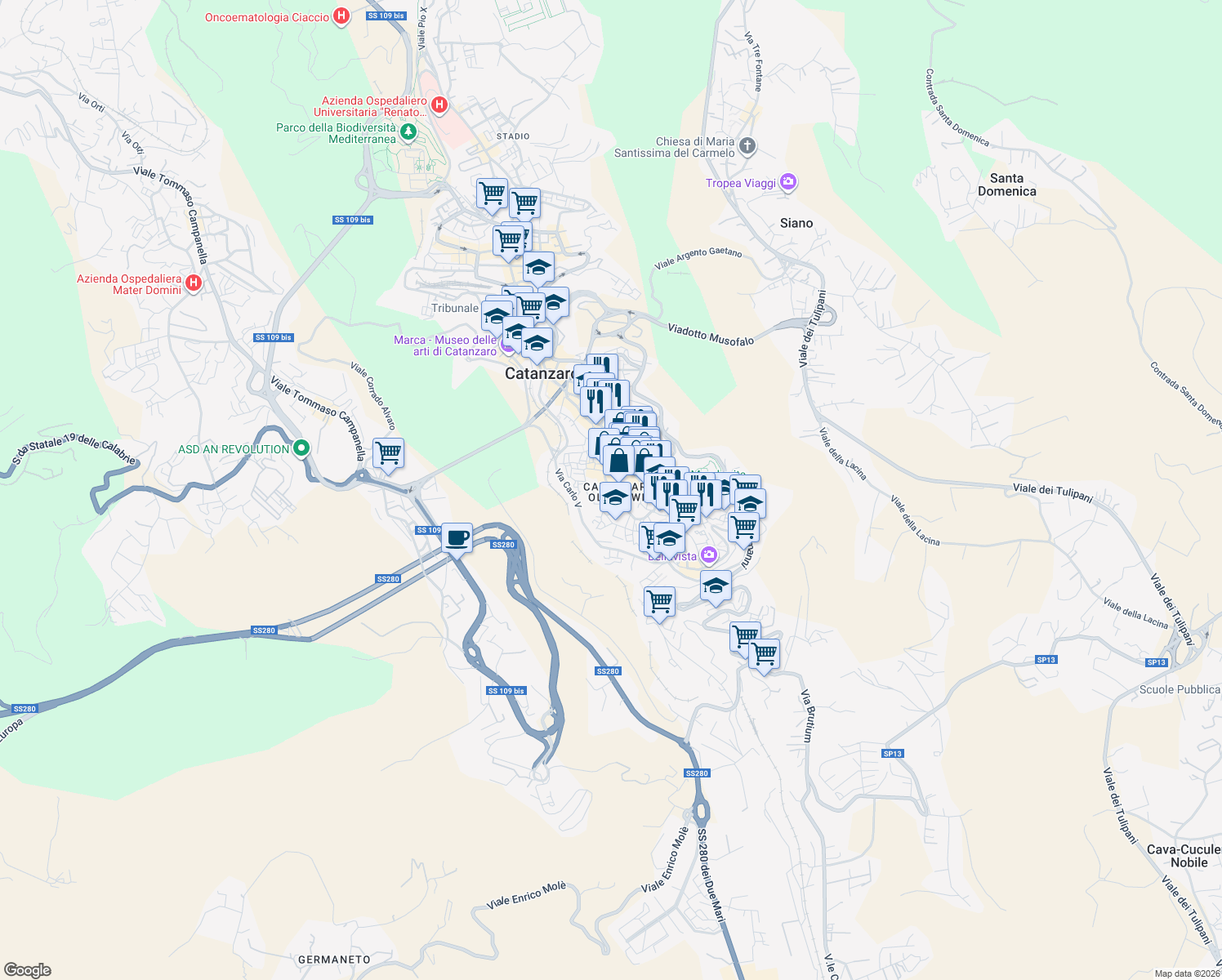 map of restaurants, bars, coffee shops, grocery stores, and more near 7-9 Via Educandato in Catanzaro