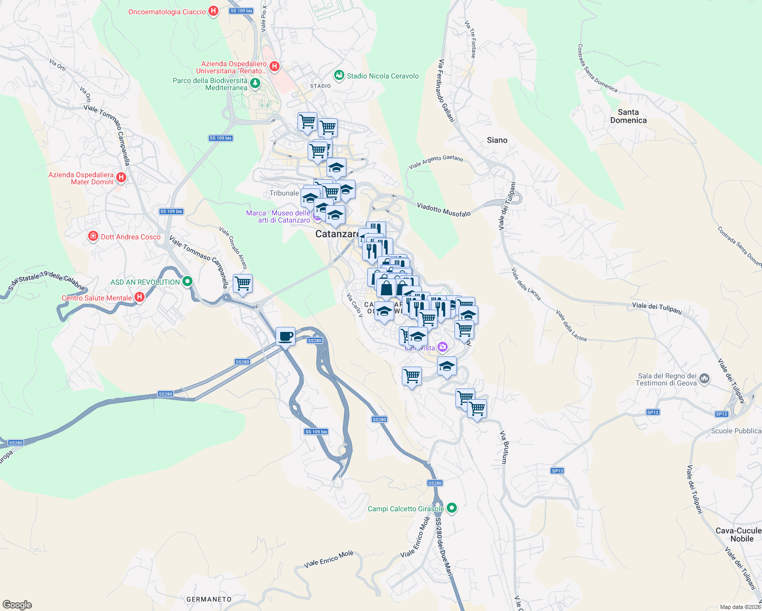 map of restaurants, bars, coffee shops, grocery stores, and more near 7-9 Via Educandato in Catanzaro
