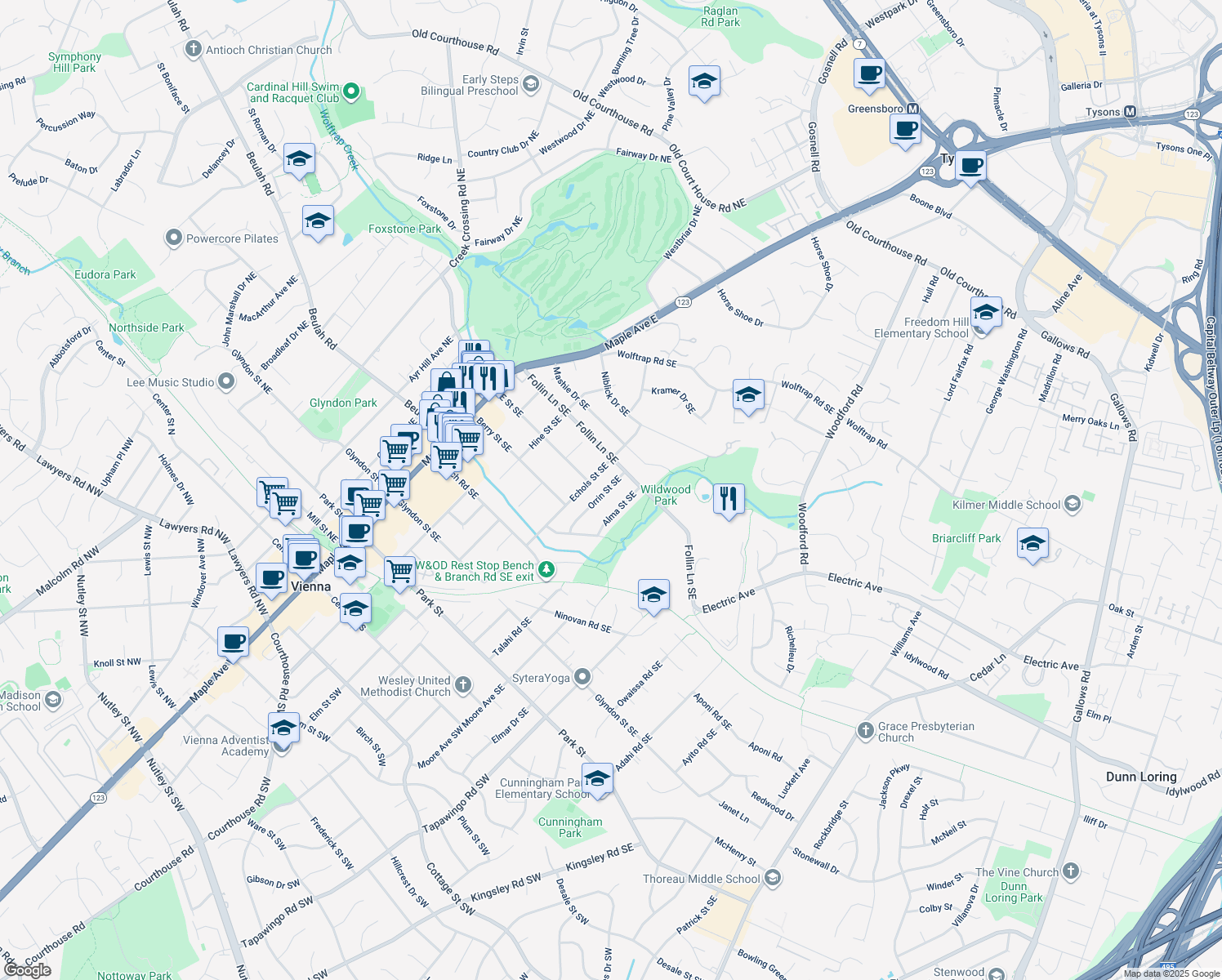 map of restaurants, bars, coffee shops, grocery stores, and more near 603 Orrin Street Southeast in Vienna