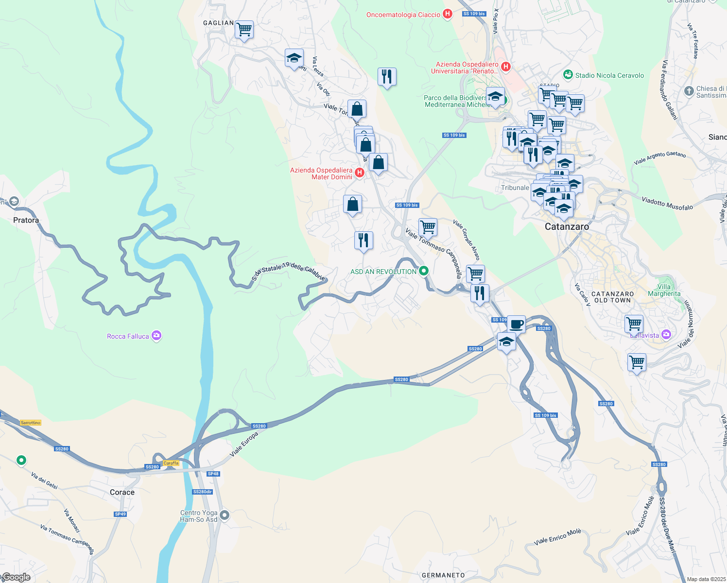 map of restaurants, bars, coffee shops, grocery stores, and more near 24 Viale Barlaam da Seminara in Catanzaro