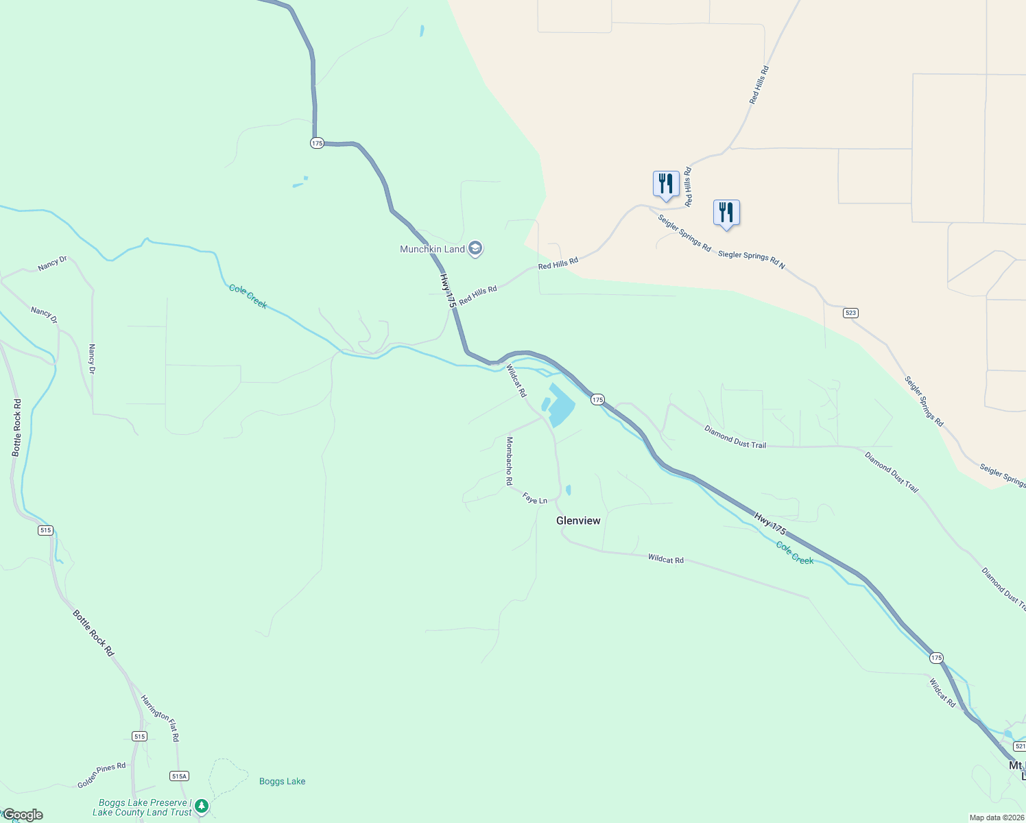 map of restaurants, bars, coffee shops, grocery stores, and more near 9135 Wildcat Road in Kelseyville
