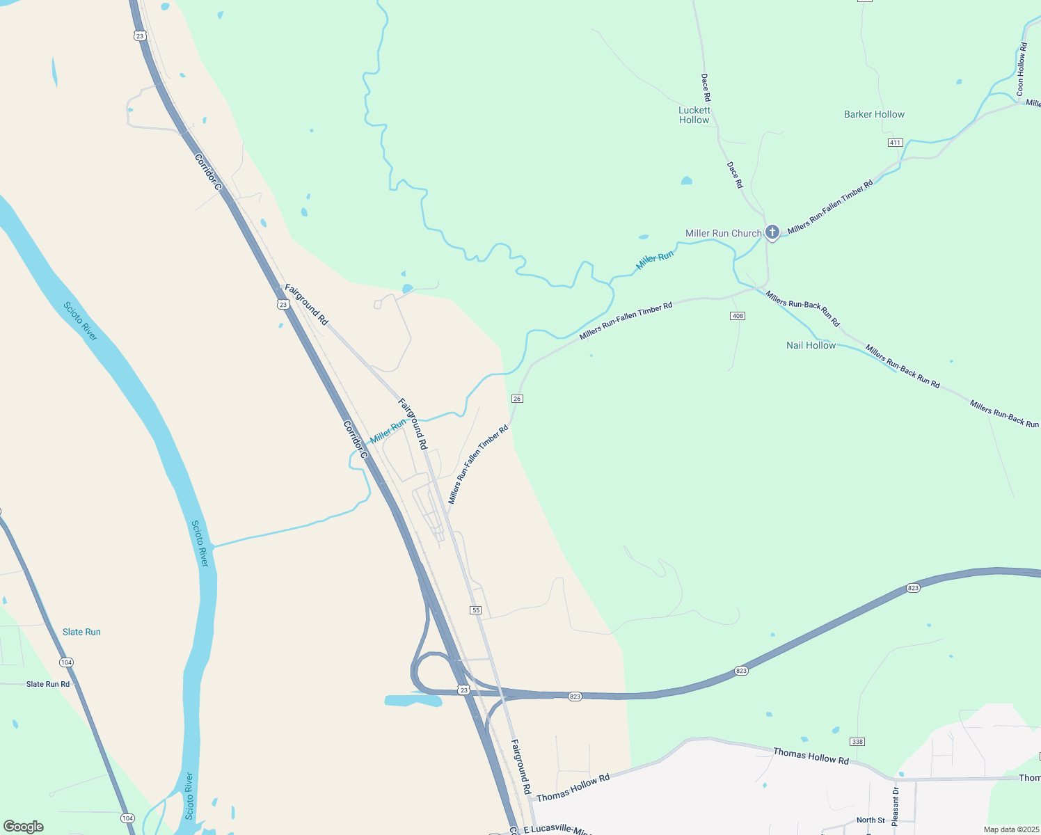 map of restaurants, bars, coffee shops, grocery stores, and more near 400 Millers Run-Fallen Timber Road in Lucasville