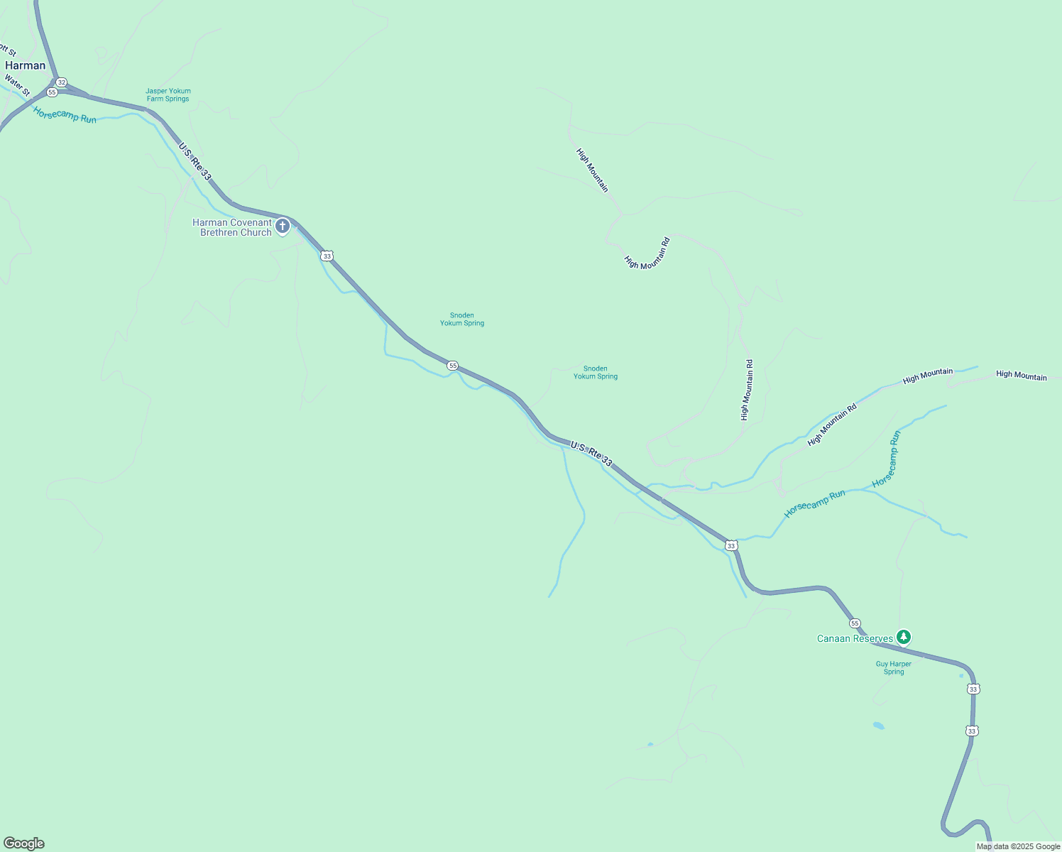 map of restaurants, bars, coffee shops, grocery stores, and more near West Virginia 55 in Harman
