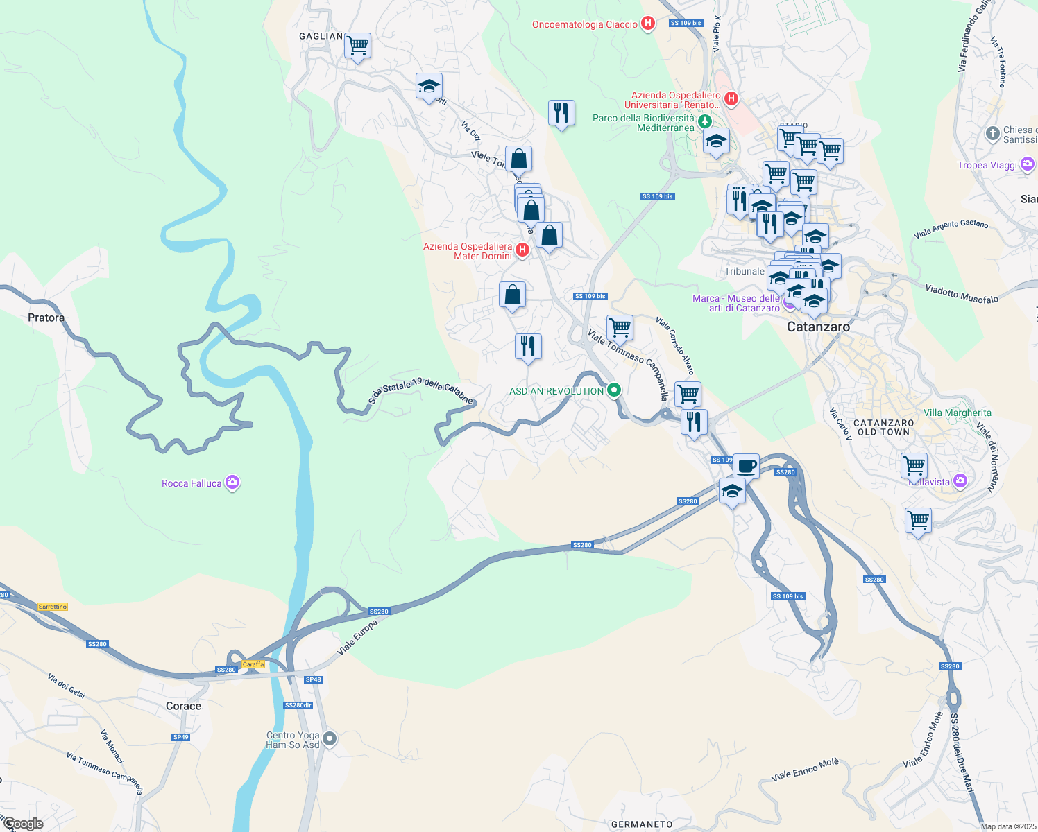 map of restaurants, bars, coffee shops, grocery stores, and more near 32 Viale Barlaam da Seminara in Catanzaro