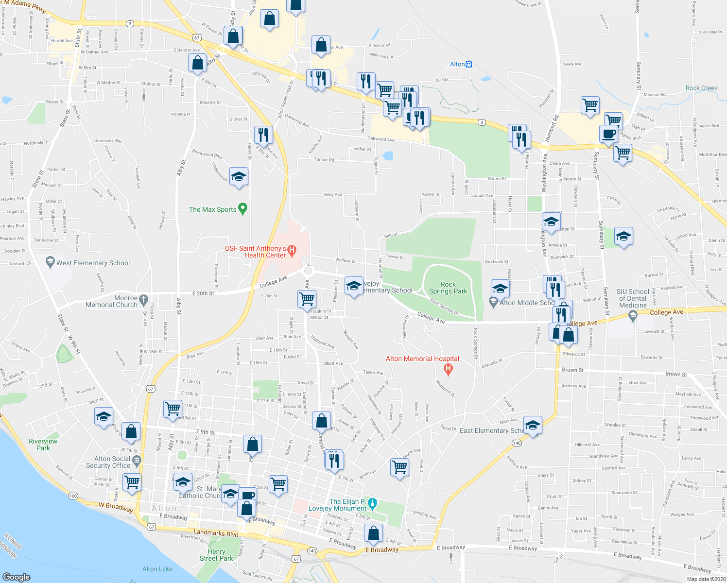map of restaurants, bars, coffee shops, grocery stores, and more near 1050 Tremont Street in Alton