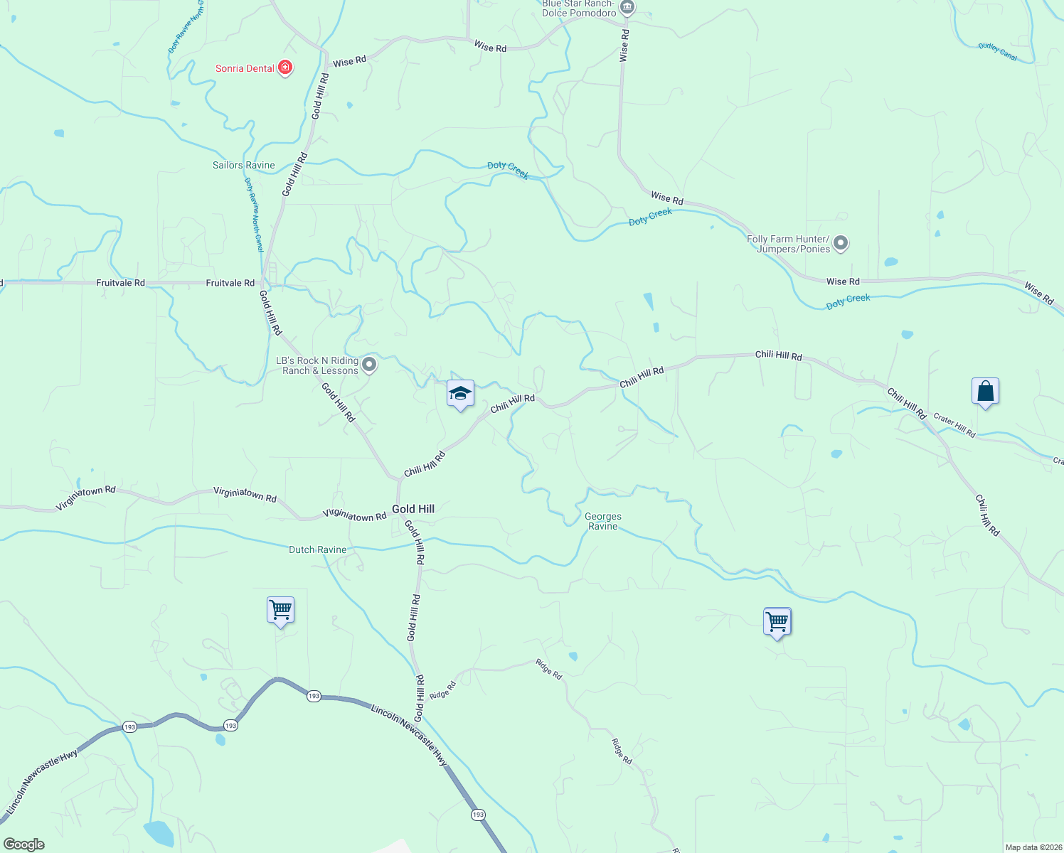map of restaurants, bars, coffee shops, grocery stores, and more near 6990 Chili Hill Road in Newcastle