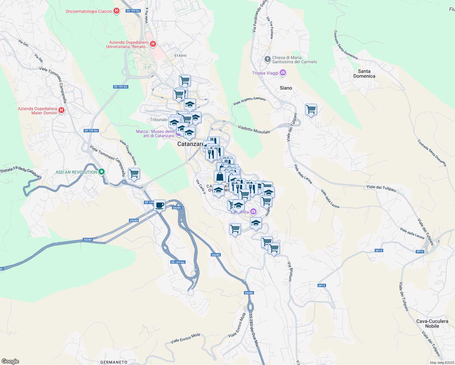 map of restaurants, bars, coffee shops, grocery stores, and more near 151-159 Corso Giuseppe Mazzini in Catanzaro