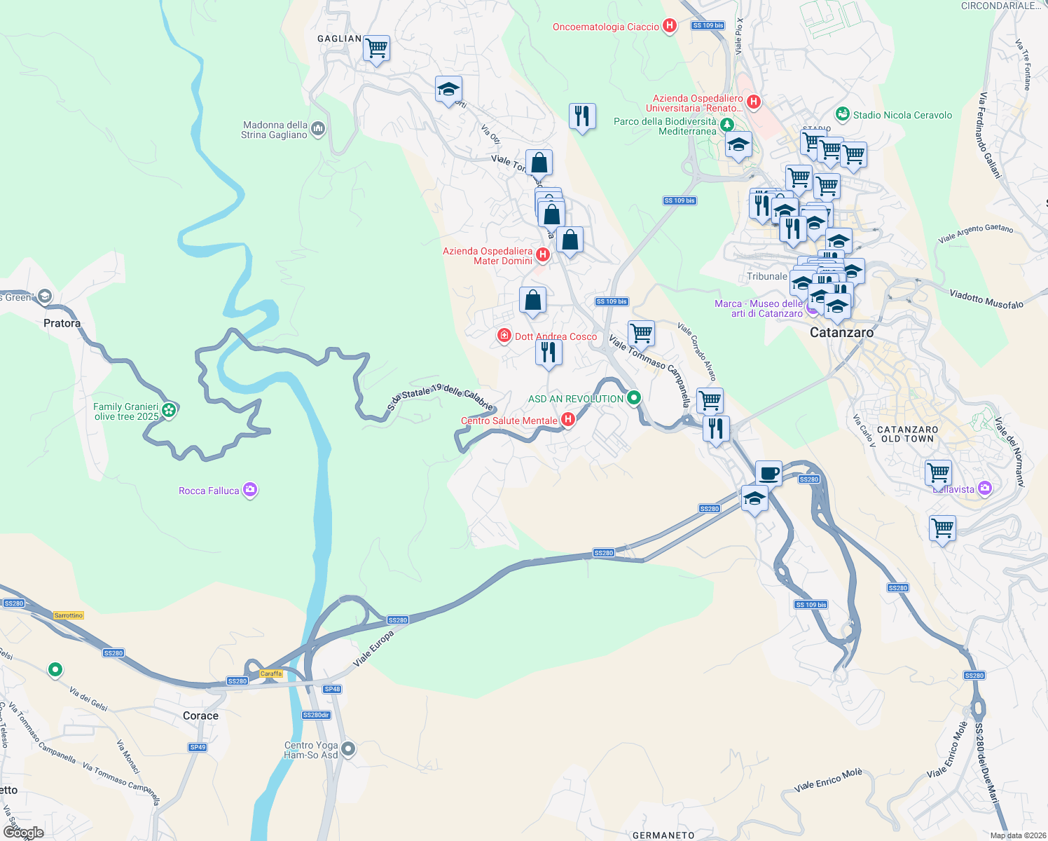 map of restaurants, bars, coffee shops, grocery stores, and more near 32 Viale Barlaam da Seminara in Catanzaro