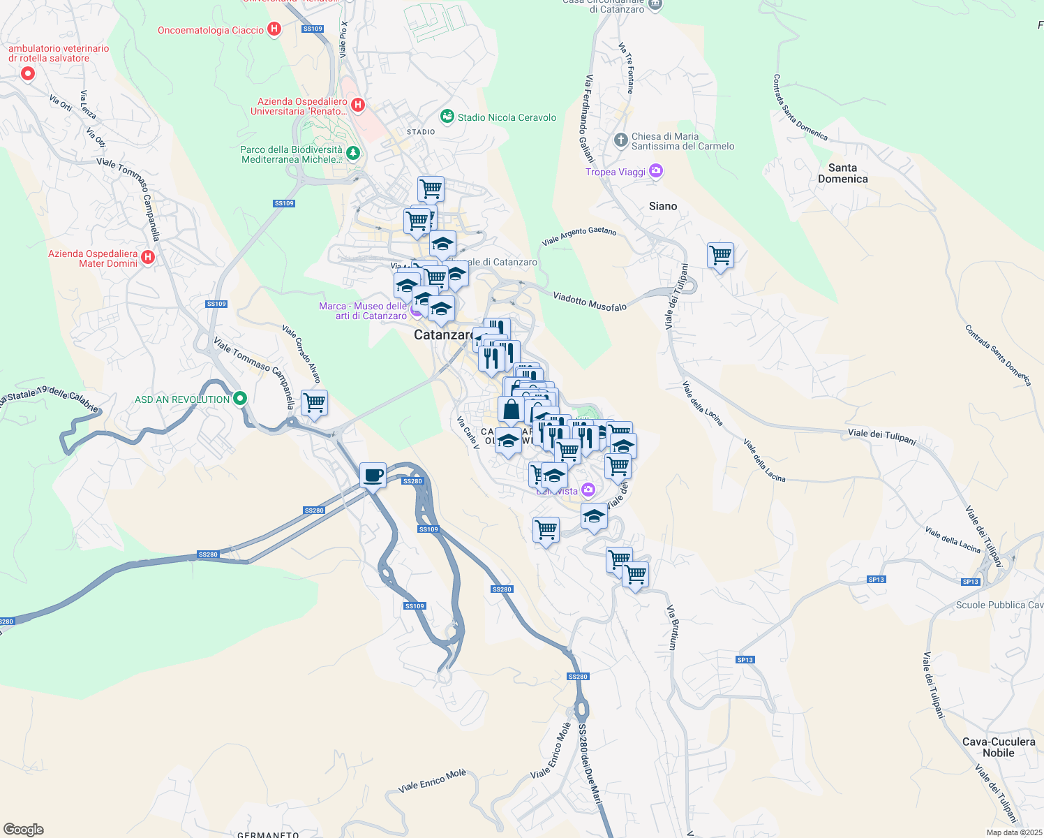 map of restaurants, bars, coffee shops, grocery stores, and more near 151-159 Corso Giuseppe Mazzini in Catanzaro