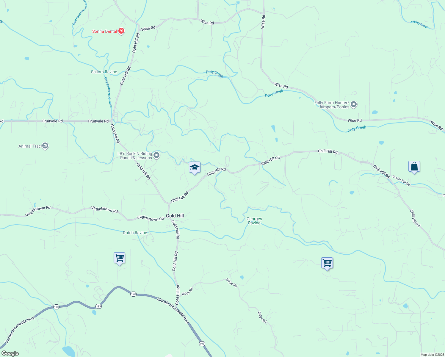 map of restaurants, bars, coffee shops, grocery stores, and more near 6990 Chili Hill Road in Newcastle