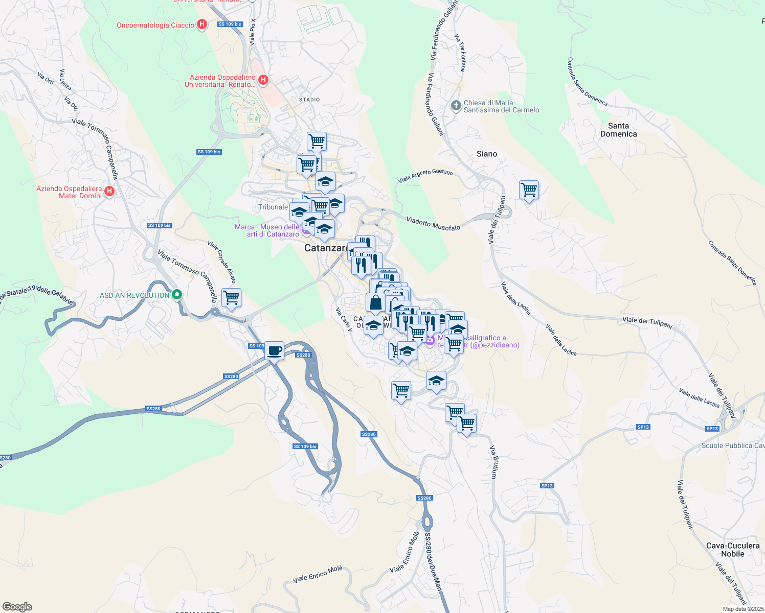 map of restaurants, bars, coffee shops, grocery stores, and more near 151-159 Corso Giuseppe Mazzini in Catanzaro