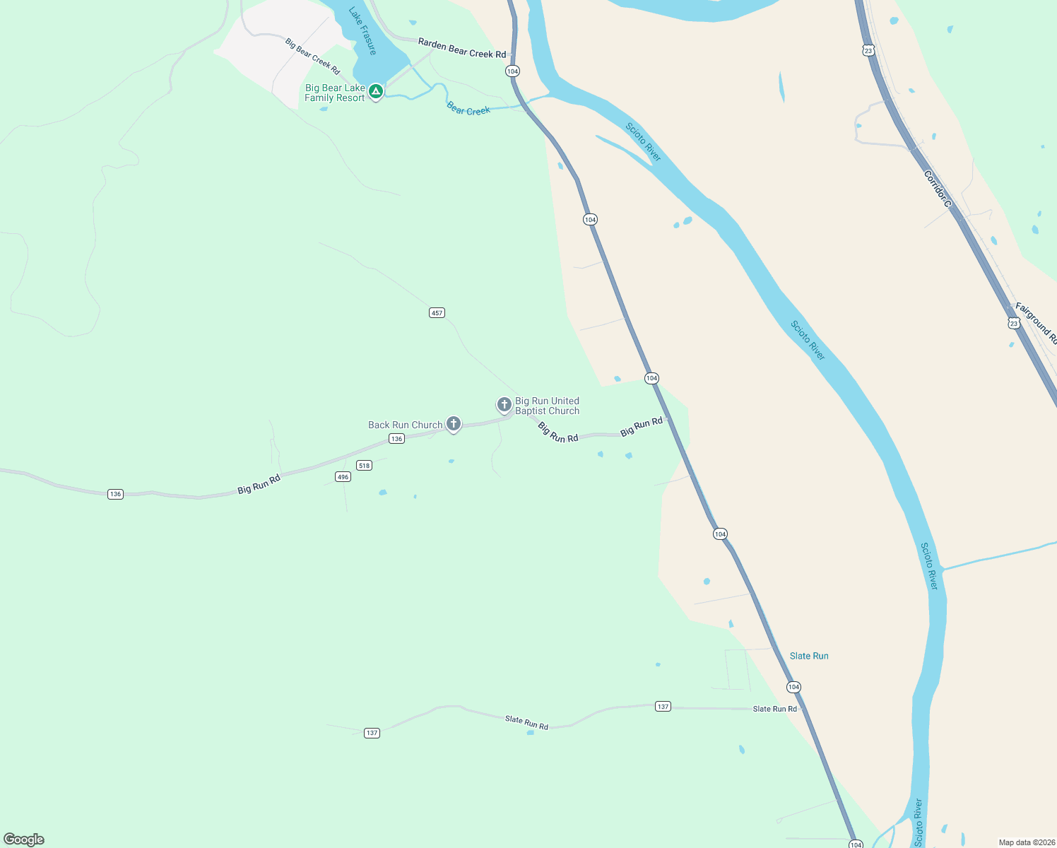 map of restaurants, bars, coffee shops, grocery stores, and more near 3818 Big Run Road in Lucasville