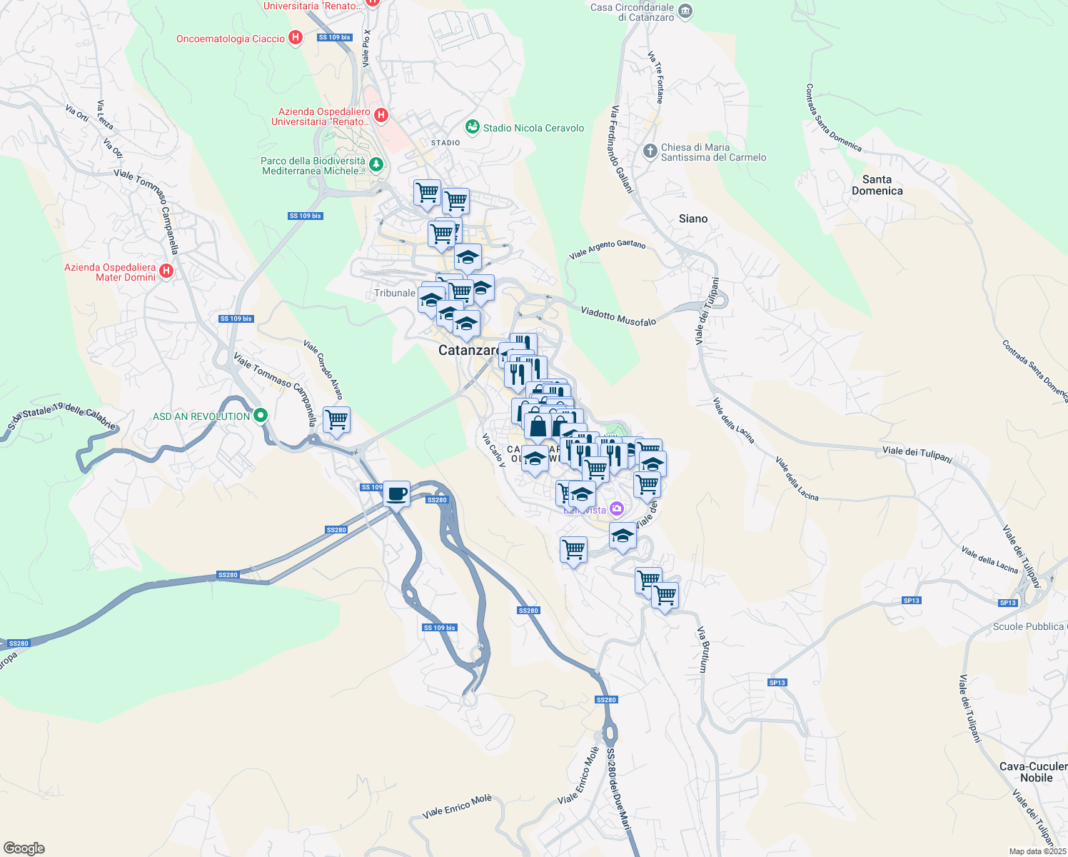 map of restaurants, bars, coffee shops, grocery stores, and more near 7-9 Via Educandato in Catanzaro