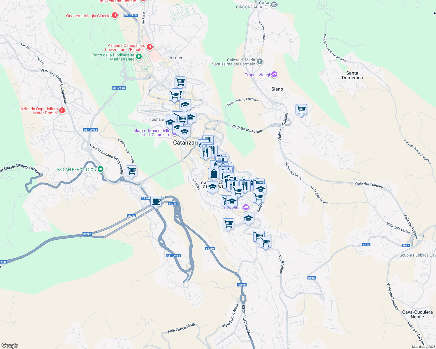 map of restaurants, bars, coffee shops, grocery stores, and more near 151-159 Corso Giuseppe Mazzini in Catanzaro
