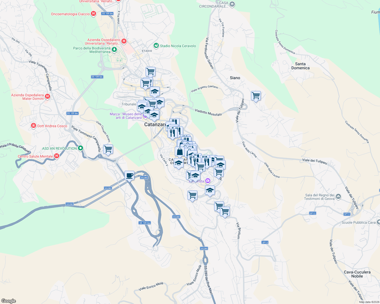 map of restaurants, bars, coffee shops, grocery stores, and more near 151-159 Corso Giuseppe Mazzini in Catanzaro