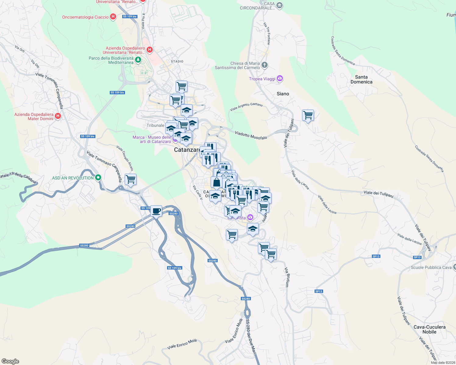 map of restaurants, bars, coffee shops, grocery stores, and more near 151-159 Corso Giuseppe Mazzini in Catanzaro