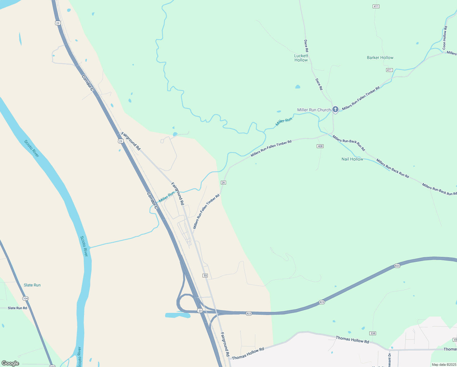 map of restaurants, bars, coffee shops, grocery stores, and more near 400 Millers Run-Fallen Timber Road in Lucasville