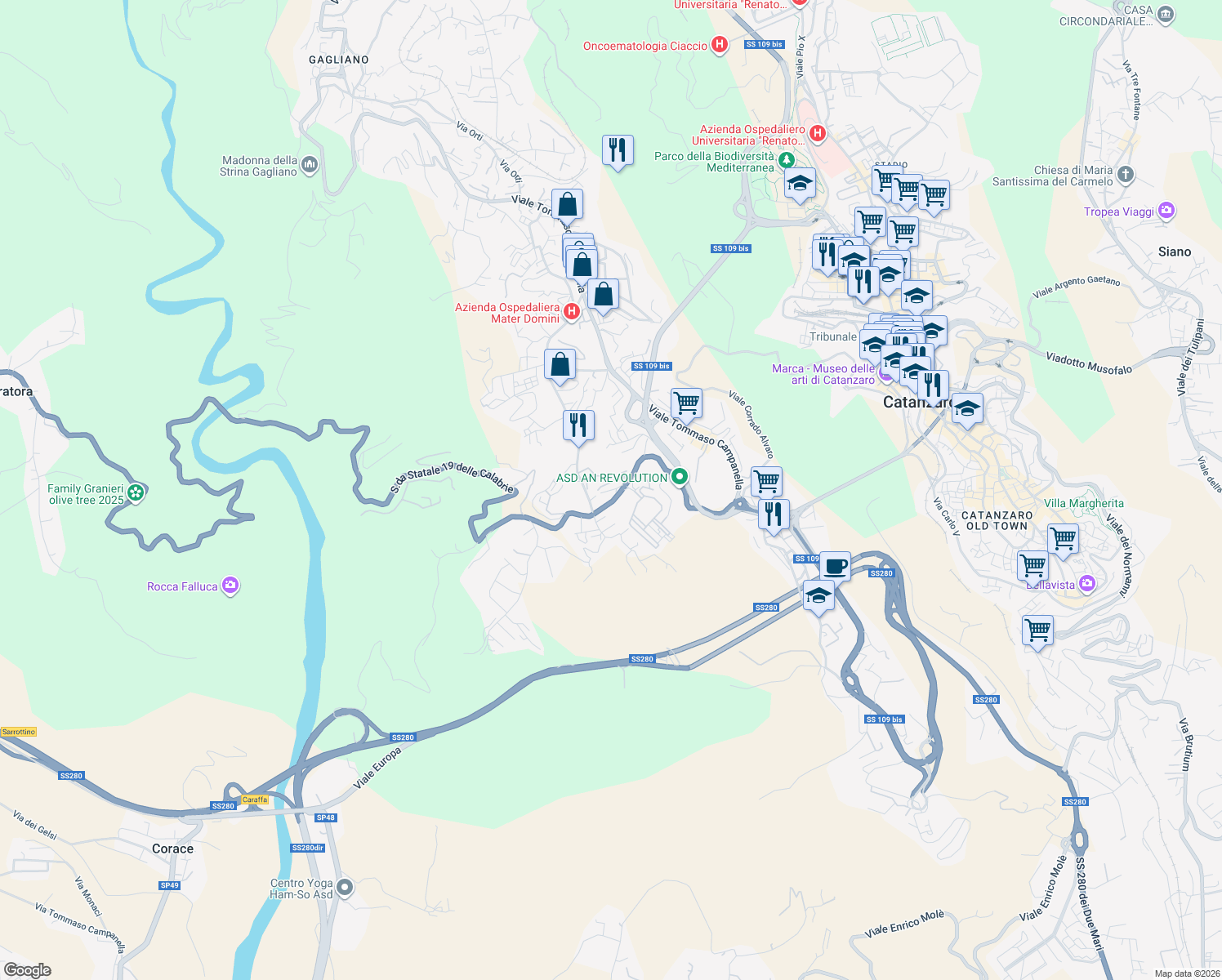 map of restaurants, bars, coffee shops, grocery stores, and more near 4 Viale Barlaam da Seminara in Catanzaro