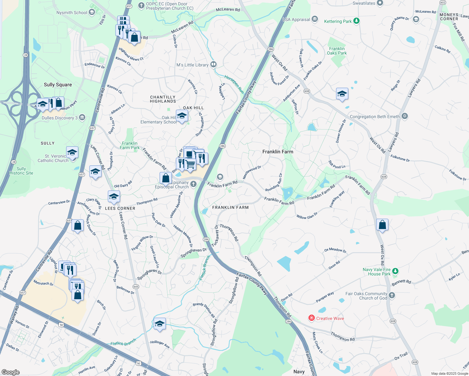map of restaurants, bars, coffee shops, grocery stores, and more near 3284 Laneview Place in Herndon