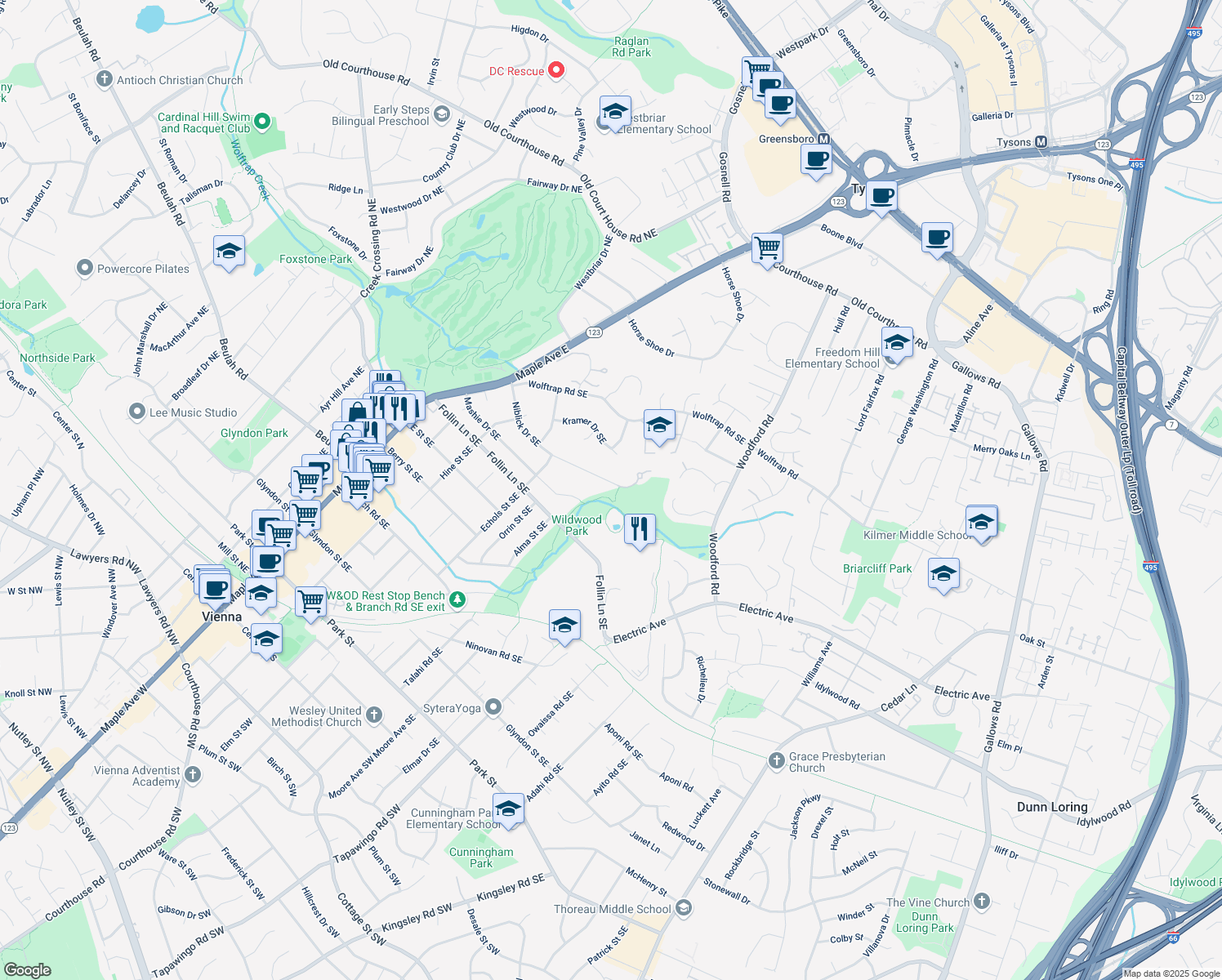 map of restaurants, bars, coffee shops, grocery stores, and more near 607 Niblick Drive Southeast in Vienna
