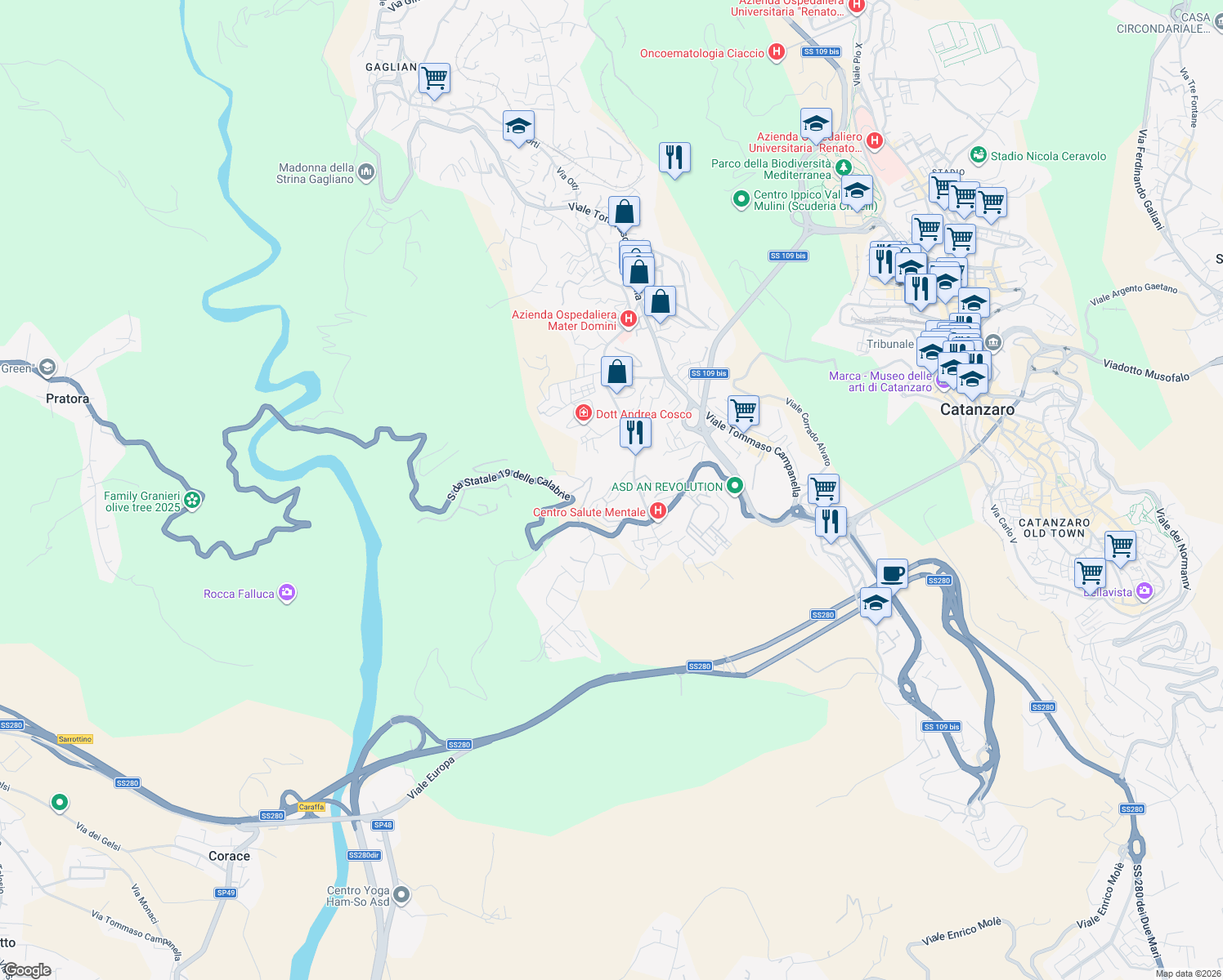 map of restaurants, bars, coffee shops, grocery stores, and more near 36 Viale Barlaam da Seminara in Catanzaro