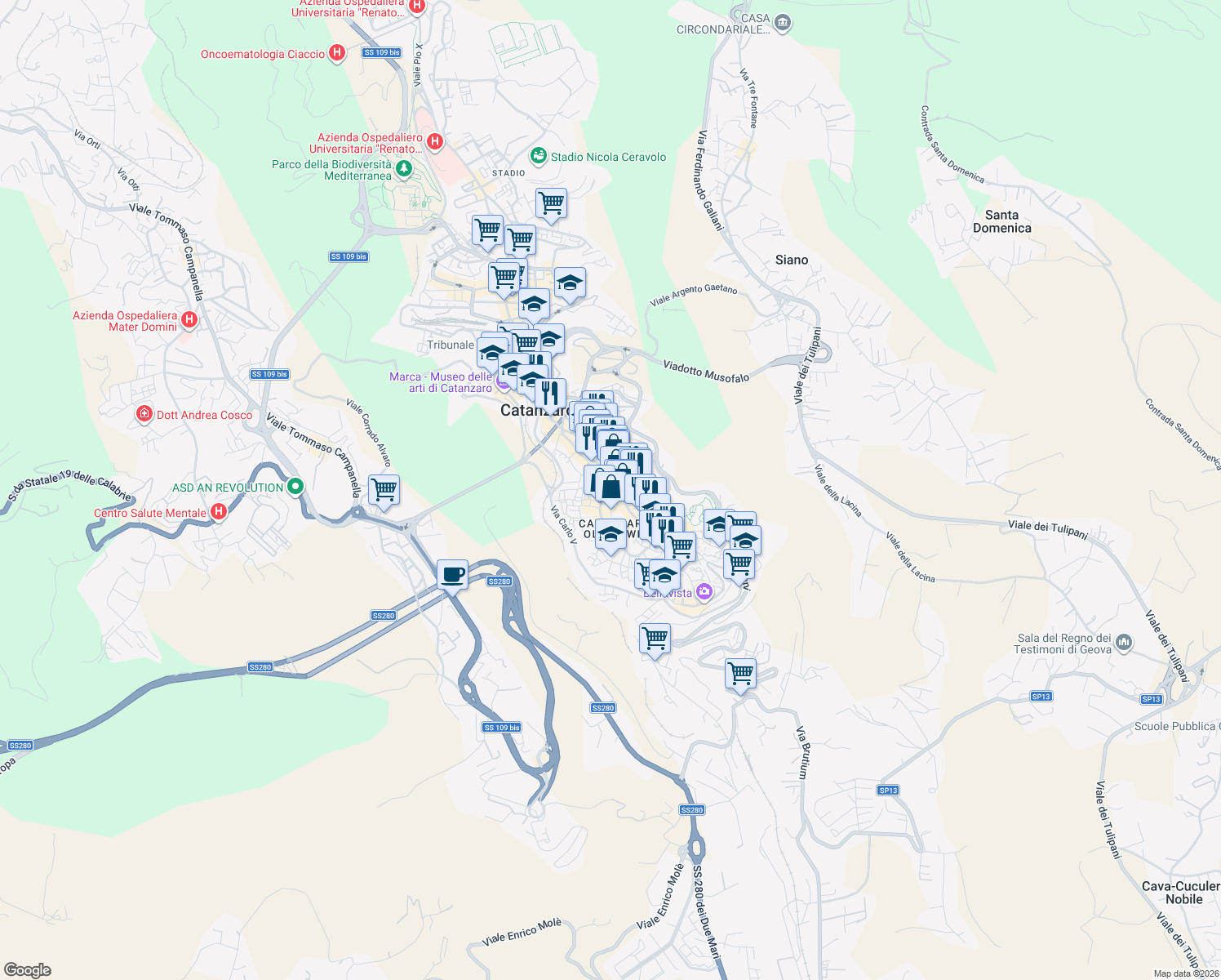 map of restaurants, bars, coffee shops, grocery stores, and more near 150 Corso G. Mazzini in Catanzaro