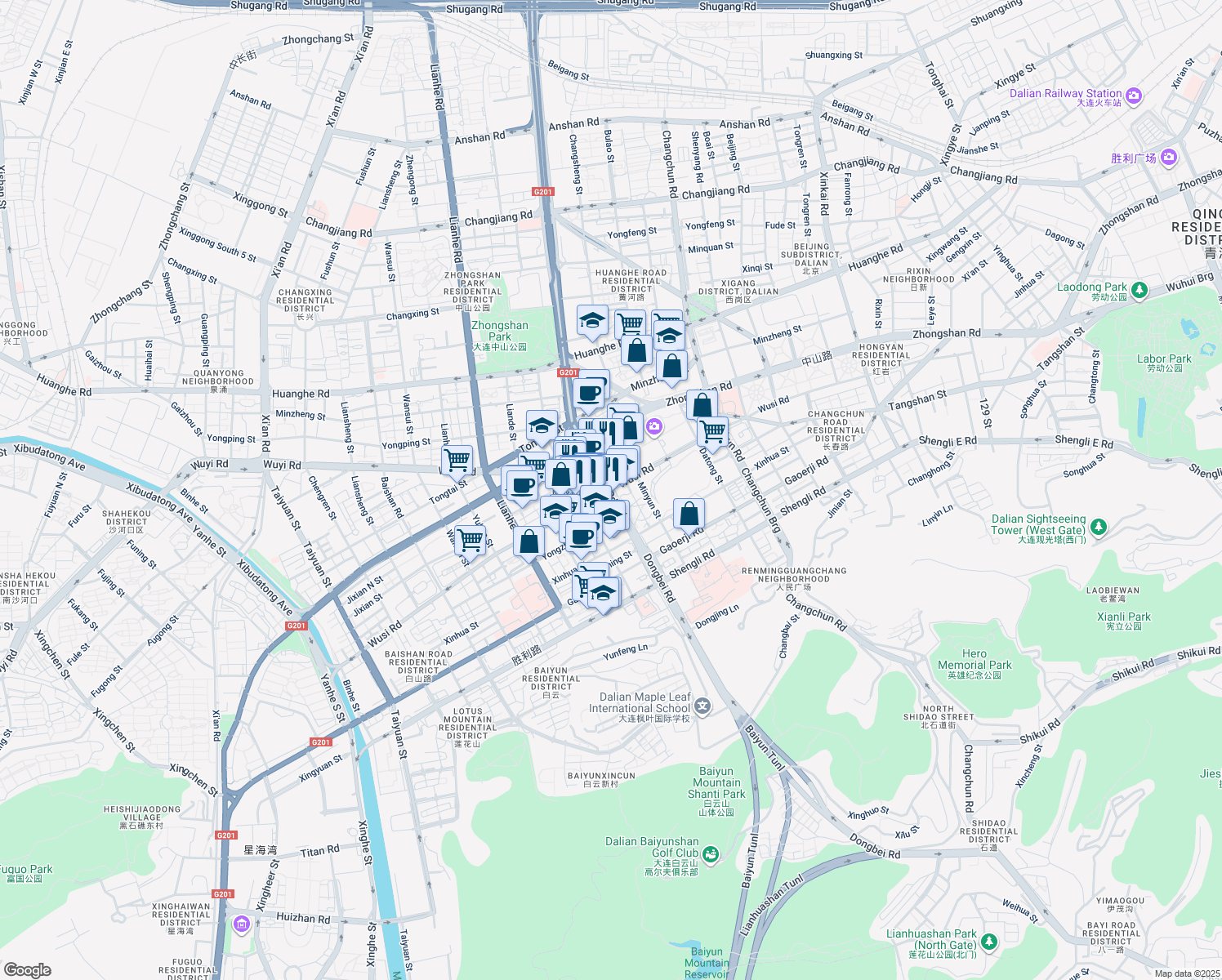map of restaurants, bars, coffee shops, grocery stores, and more near Wu Si Lu in Da Lian Shi